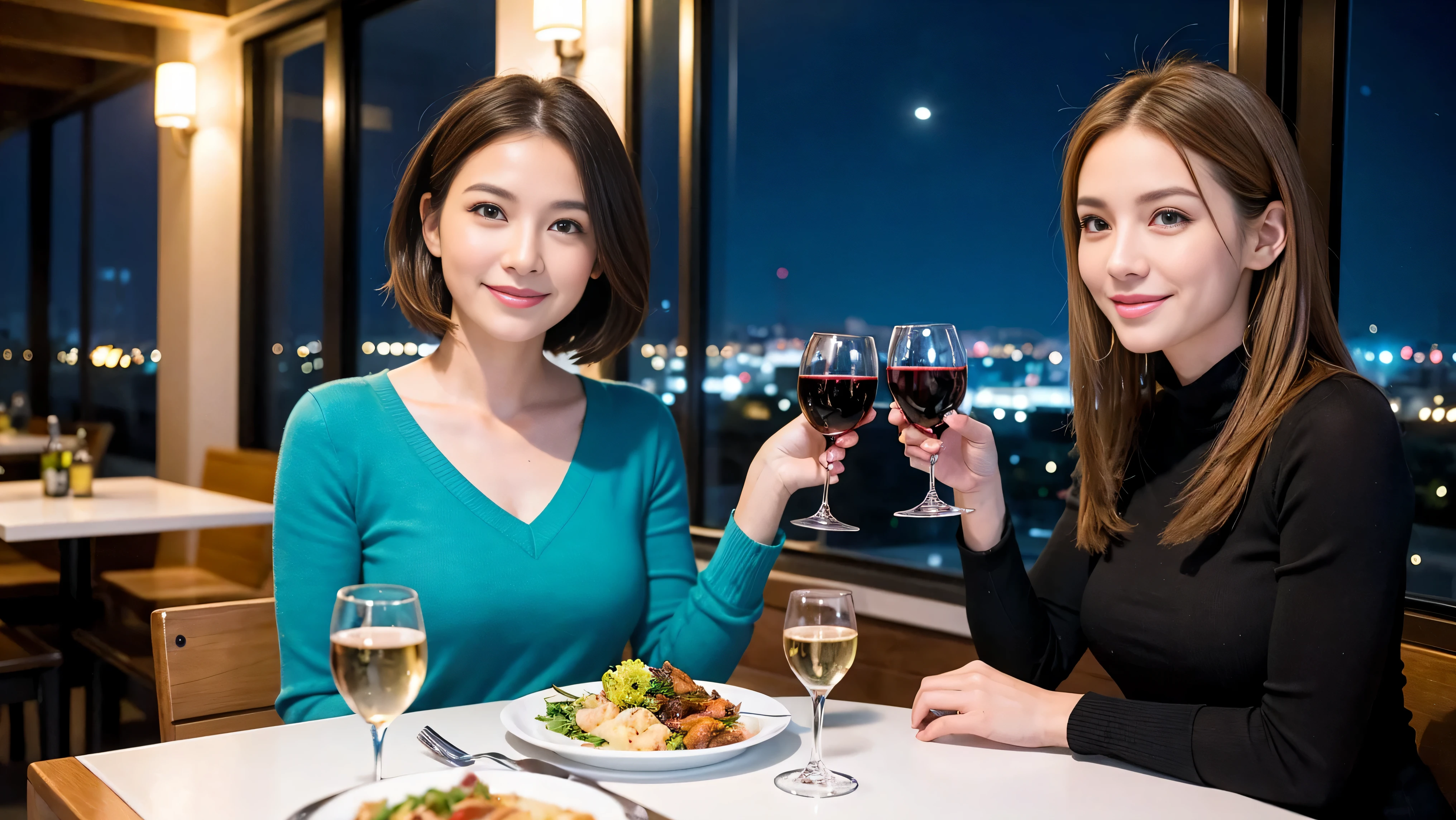 (to be born, highest quality, masterpiece:1.5), (realistic, intricate details:1.2), ultra high resolution, confused,bright image、2 wine Beauties, beautiful face, blue eyes, fine eyes, symmetrical eyes, light shines on your face, blush your nose, short hair,Spectacular view of the sunset sky and clouds、Amazing mountain views、A bright smile、A lovely woman with a smile、that woman'bright face、Fox face、lady、wine 、Appetizer、Italian food、two beauties、brown hair、shortcut、long sleeve shirt、winter fashion、dress、Japanese、Englishman、Dutch、German、Belgian、Italian、French,Wine Bottle、Appetizer、Champagne、Sparkling wine、Pretty Woman 1, (slim face), (because I'thin), (brown hair), (shortcut), cheeks turn a little red, (44 years old), 42 years old, charming beauty、, A beautiful and detailed night view spreads out outside the window..........., restaurant, Wine Glassに座って, At night, in a prominent place (from the waist up) nova frog style, actress, model, Upper body, White wine, slim, Wine Glass, Very beautiful night view, 真ん中に置かれたWine Glass, smile, (smile: 1.15), beautiful fine eyes, Depth f/2,saturation, high contrast, strong light and shadow