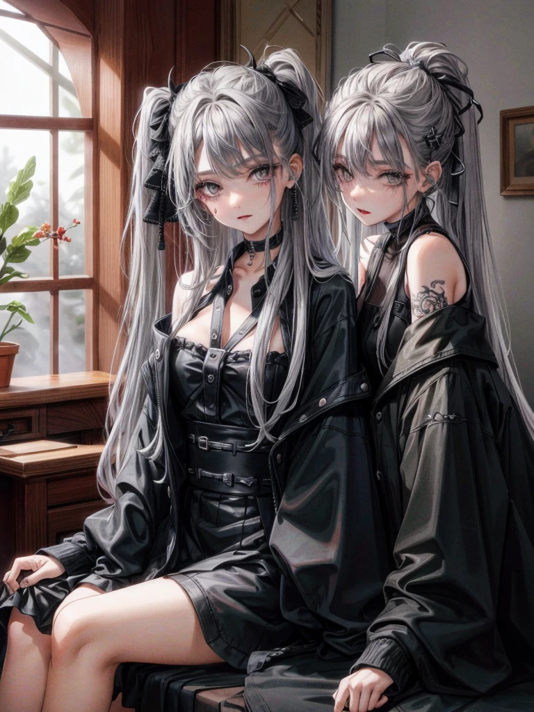 masterpiece, 最high quality, high quality, super detailed, 1 girl, looking at the viewer, gray hair, gray eyes, black lipstick, black shirt, Sitting on a white floor, devil girl, Goscoax, 1 7 years old, goth girl, japanese gothic, gothic punk style, Black Metal Style, put your hand on your head