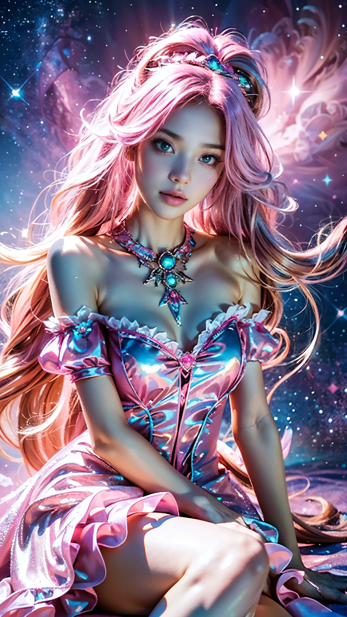 4K Ultra HD, Masterpiece, A girl with a magical aura, (good face:1.2), very Long hair, Detailed eyes, Glossy lips, ****ta costume, (pink costume:1.5), The aura around the body, Magical effect, Spread white light, Cosmic elements and ethereal atmosphere, A mix of bright lights and colorful nebulae, universe background, Perfect body, sitting,