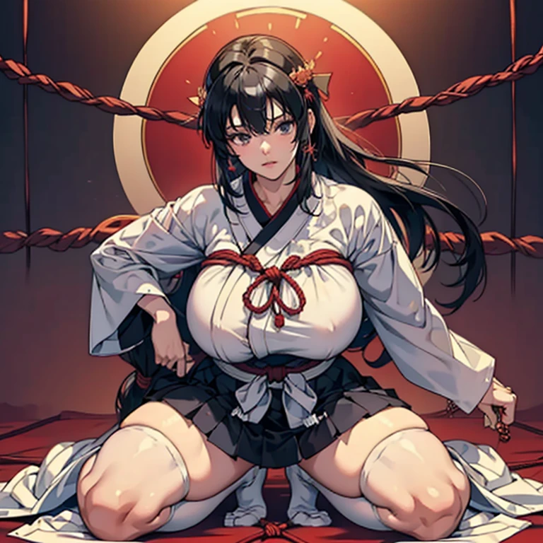 (anime moe style)),((game CG)),(masterpiece),(highest quality), (Super detailed),shape,((very delicate and beautiful)), ,sharp look,looking at the viewer,(((24 year old female)),((whole body)),detailed face and eyes,Intense eyes like jewels,(loosely braided long hair),,,(super huge breasts,long and slightly saggy breasts,nipple) plump body black hair, black eyes Uplifting Super mini skirt, shrine maiden outfit, Kagura, semi-transparent lace fabric, gorgeous jewelry, black knee socks, sumo stance, legs spread, knees bent, legs spread, rough rope, rough rope digging in, restrained, bondage, seal