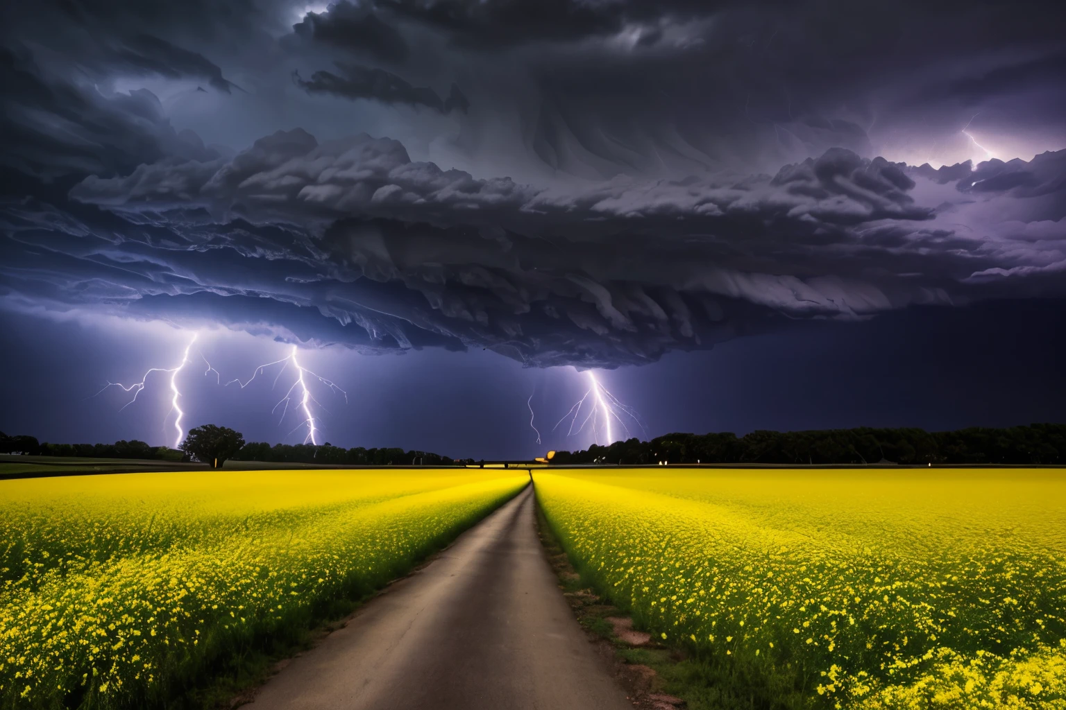 Creative photography,Storm Lightning Scene,Dark clouds rolling,Lightning,Bright lightning,The ground is swaying trees and rape flowers,Ultra-wide angle composition,dark tones,Strong sense of impact,32k.uhd,Award-winning works