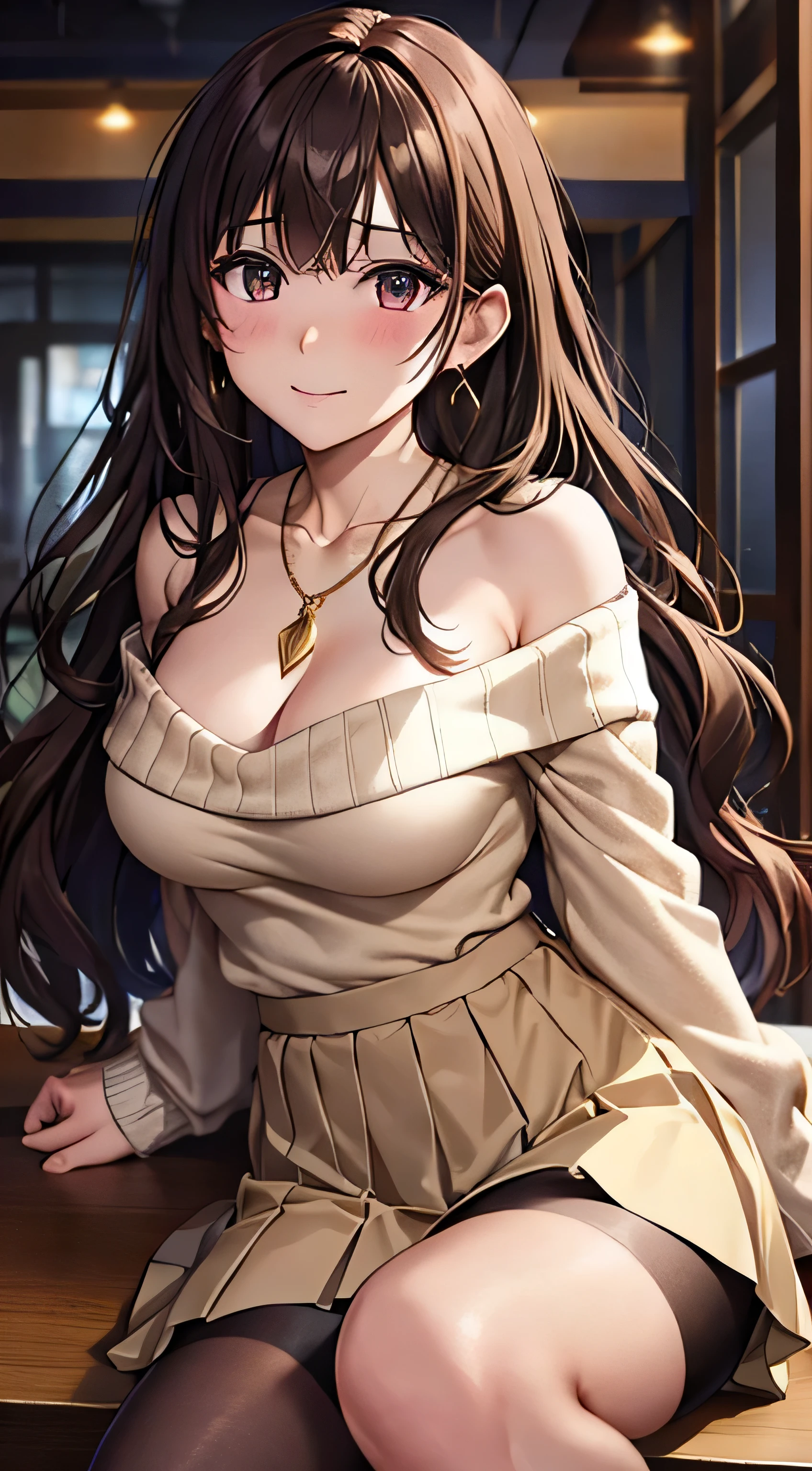 (table top, highest quality, High resolution, , perfect pixel, 4k,), 1 girl, single, alone, Beautiful woman、I could see the whole body、 ((Wavy mid-hair, bangs, brown hair)), ((brown eyes, beautiful eyelashes, realistic eyes)), ((detailed face, blush:1.2)), ((smooth texture:0.75, realistic texture:0.65, realistic:1.1, Anime CG style)), medium breasts, dynamic angle, perfect body, ((, female teacher, , earrings、necklace、beige off shoulder sweater、Long pleated skirt、black knee high stockings、pink lace panties、shy smile、Lift up your skirt and show your panties)), Upper 、、、evening、、Bring your arms together to emphasize your chest、Hold the necklace between your chest、(、()、angle from below)、