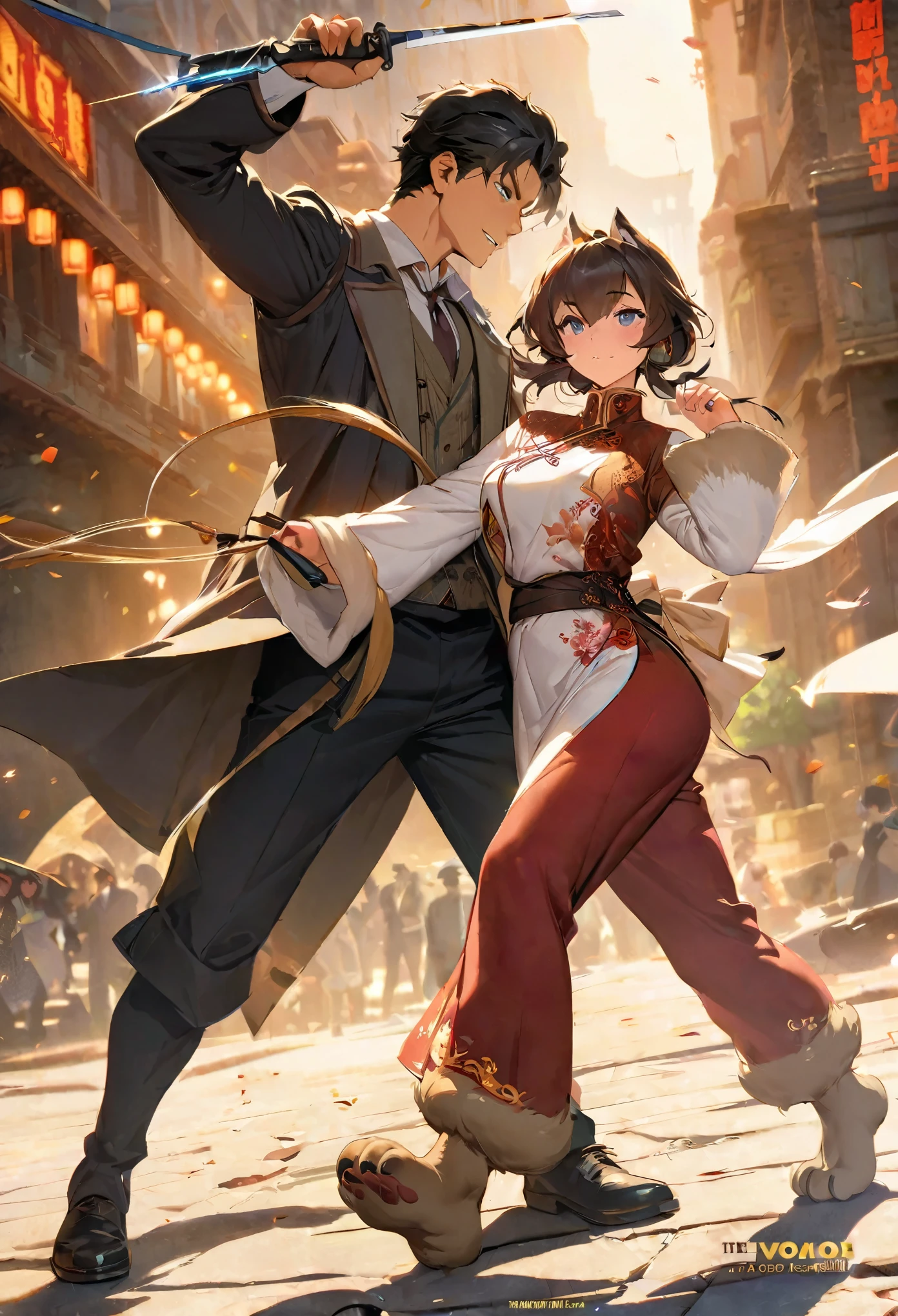 movie poster, movie artwork, concept art of love, romance novel cover, highres, top quality, best quality, perfect artwork, absurdres, perfect anatomy(couple, young 1male detective, 1woman in Chinese dress)(furry, kemono, anthro)with some elements of 007, battle,