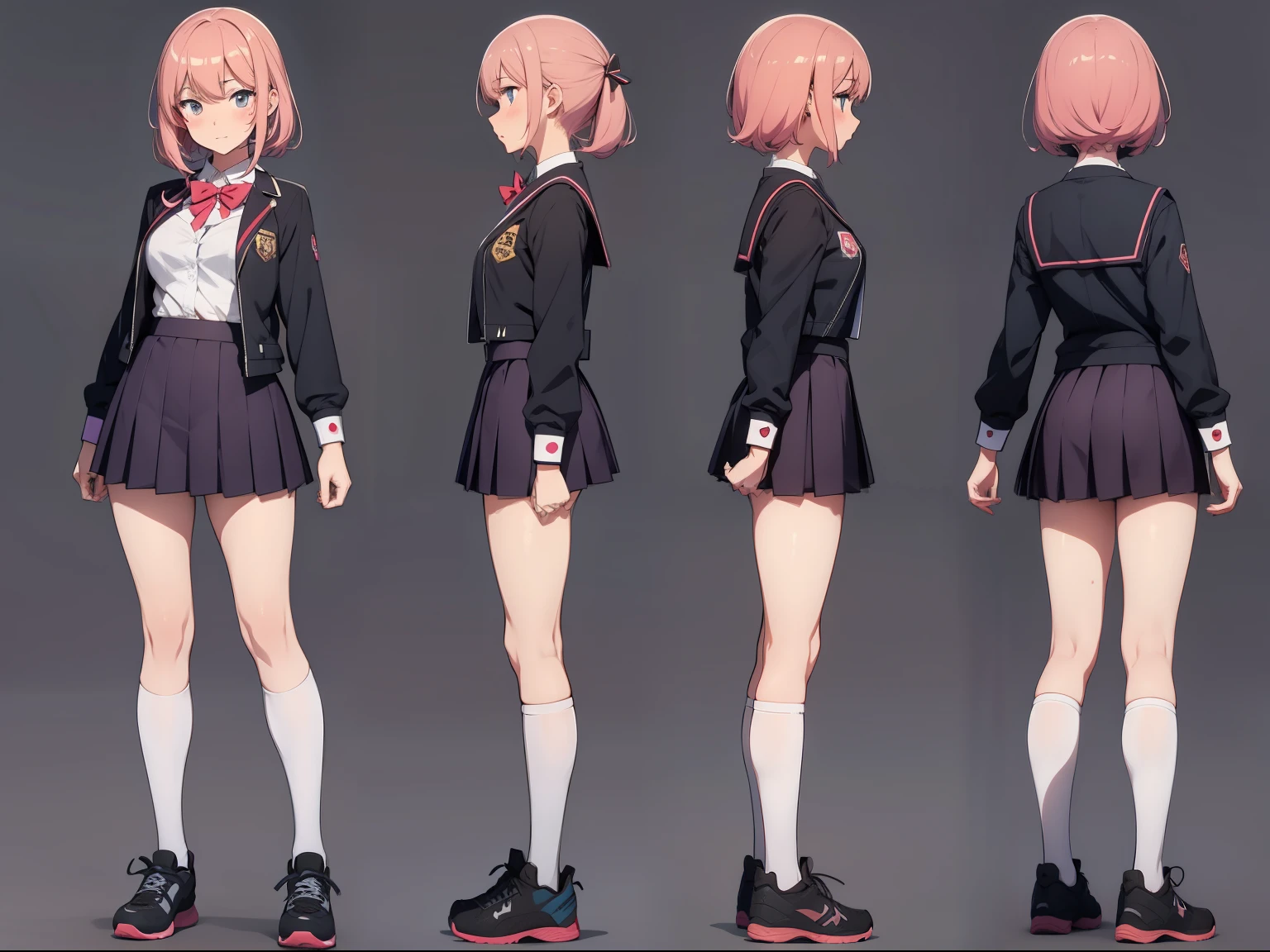 Skirt, high school girl, Joshi kosei, , multiple postures, colorful, various angles, (front, back, side), character sheet, model sheet, reference sheet.