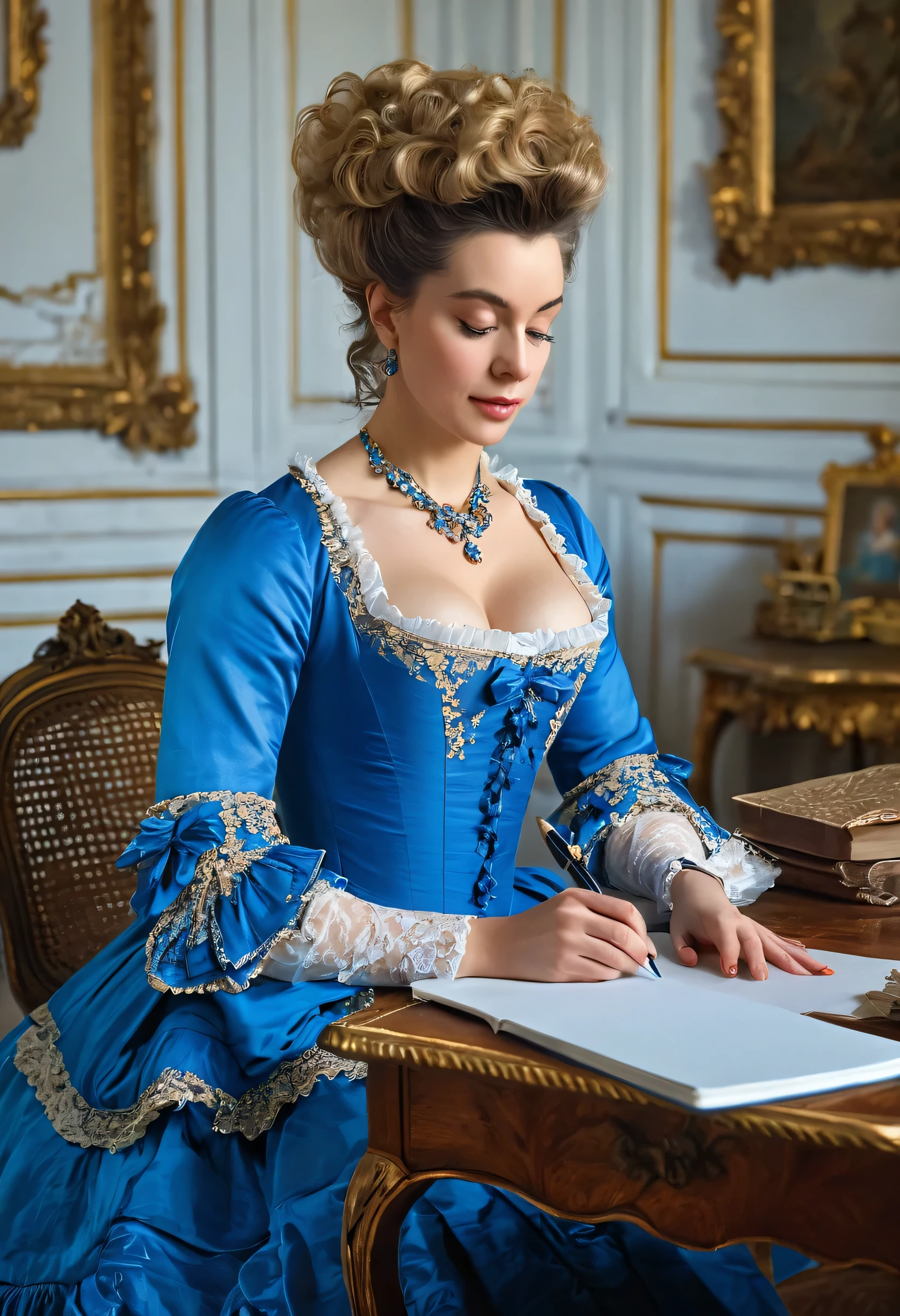 woman in blue dress writing on a notepad at a desk, portrait shot, close portrait, beautiful portrait, photo portrait, rococo style portrait, classic portrait, historical fiction, elegant portrait, stunning portrait, gorgeous woman, alluring mesmer woman, a portrait of the character, 1 8 th century style, elegant study, rococo portrait, gorgeous portrait