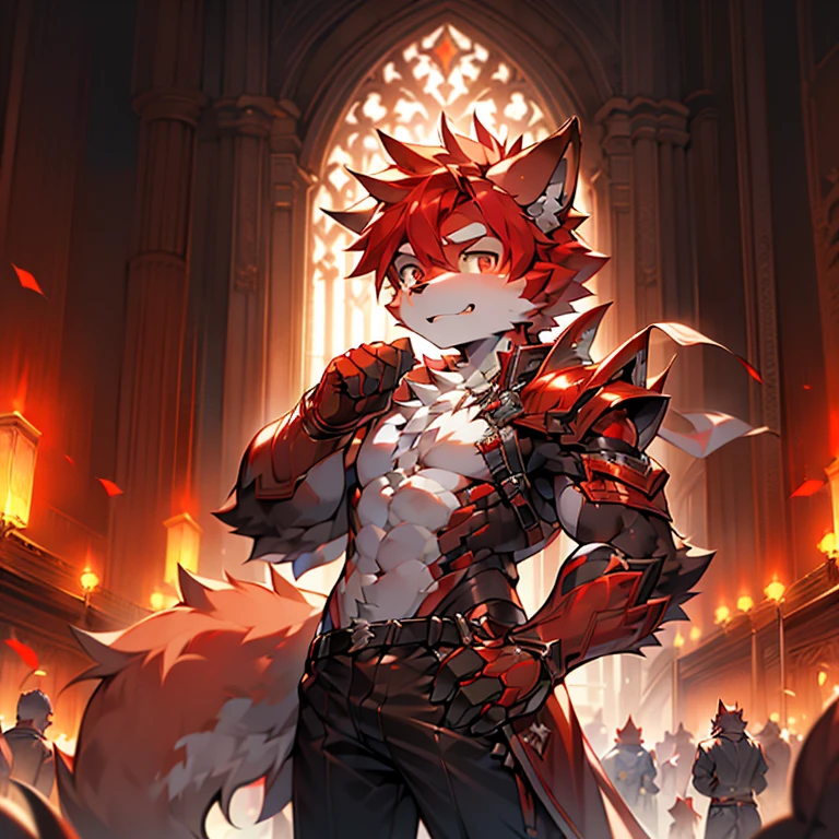 youth，Shota，red hair ，male， Masterpiece， high resolution，8K，Detailed background，high quality， boys，looking at the audience，perspective，View from the front，shorter pants，male焦点，Wolf&#39;s facial features. Great sword. Red mecha. hairy