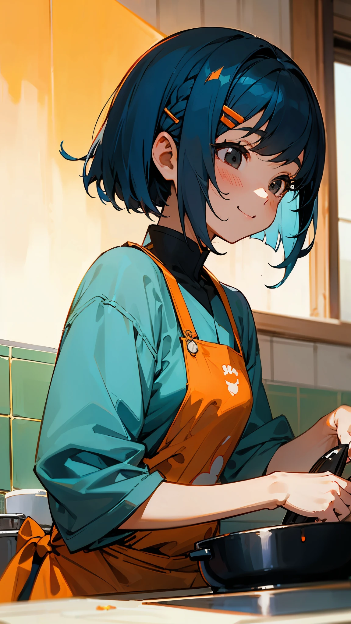 1 girl、anime painting、Cute woman cooking delicious food in the kitchen、shrimp、Beautiful brown and jet black eyes、Light blue hair、bob hairstyle、Orange hair clip、From the side、smile、upper body close-up、sharp outline