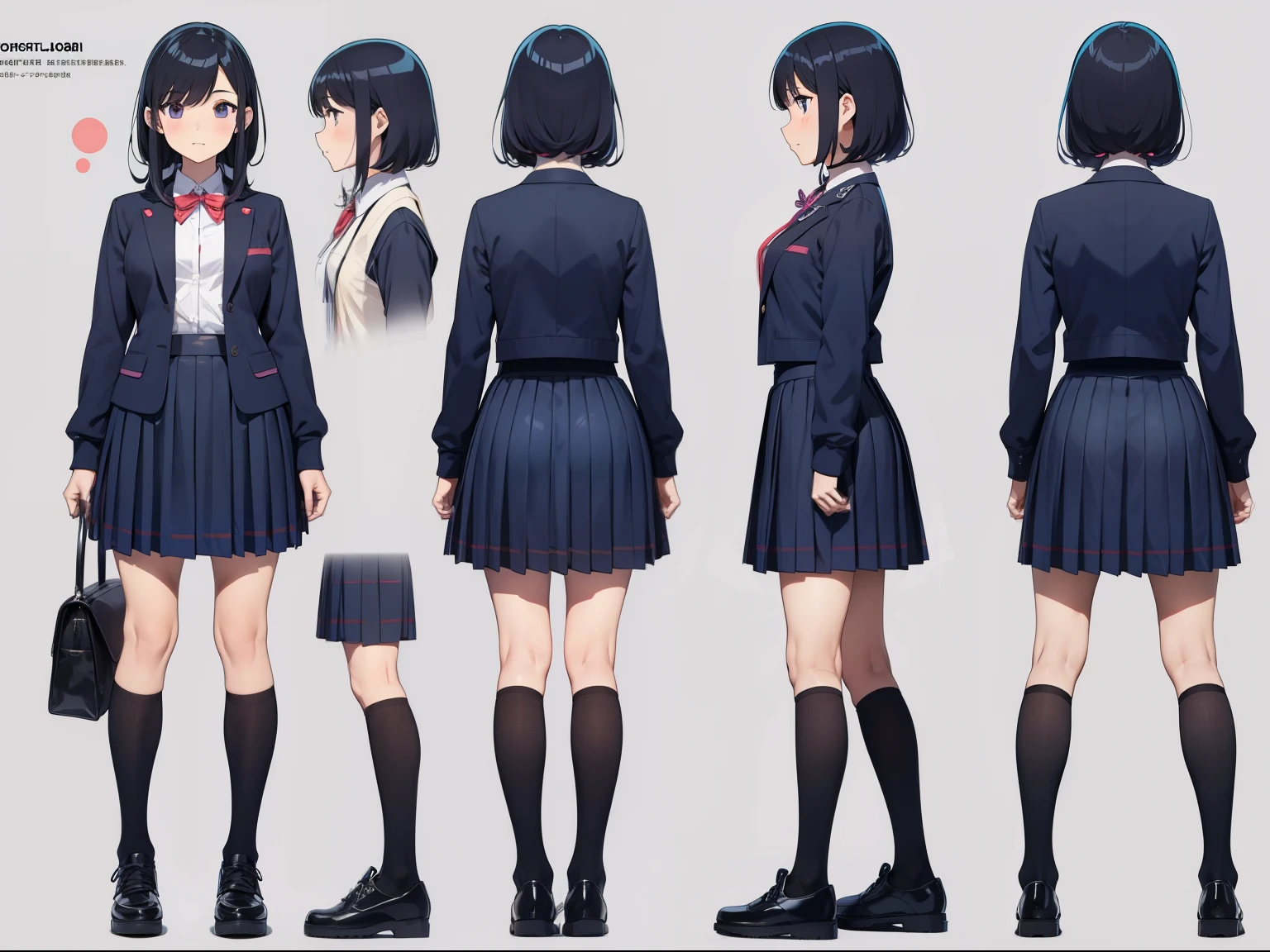 Skirt, high school girl, Joshi kosei, , multiple postures, colorful, various angles, (front, back, side), character sheet, model sheet, reference sheet.