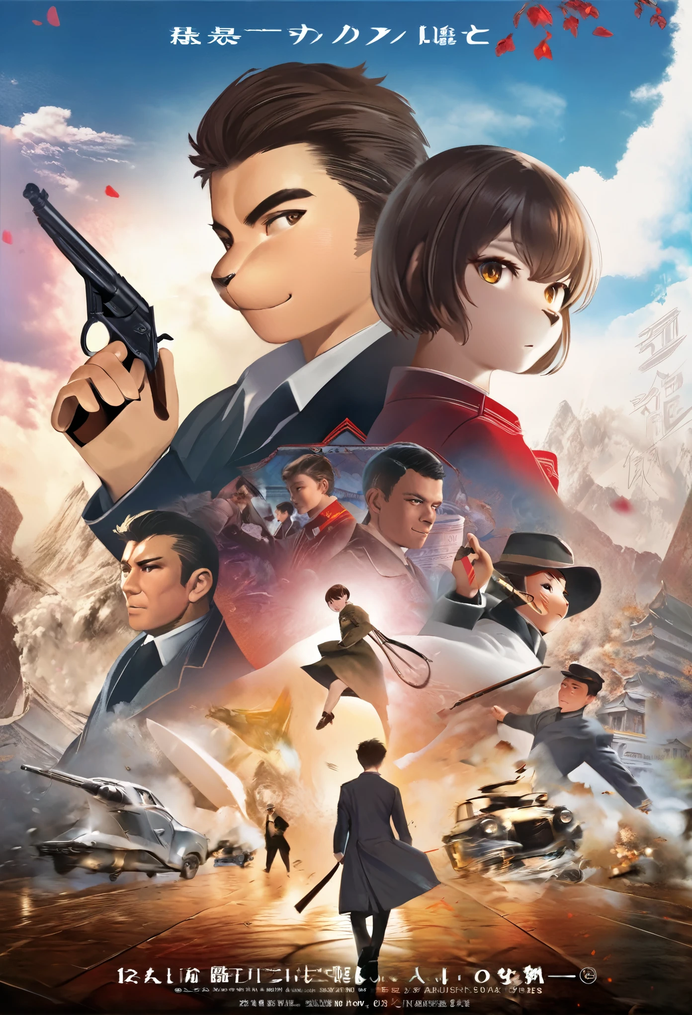 movie poster, movie artwork, concept art of love, romance novel cover, highres, top quality, best quality, perfect artwork, absurdres, perfect anatomy(couple, young 1male detective, 1woman in Chinese dress)(furry, kemono, anthro)with some elements of 007, battle,