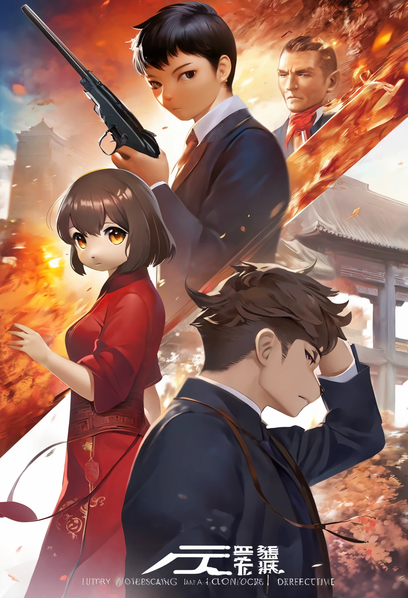 movie poster, movie artwork, concept art of love, romance novel cover, highres, top quality, best quality, perfect artwork, absurdres, perfect anatomy(couple, young 1male detective, 1woman in Chinese dress)(furry, kemono, anthro)with some elements of 007, battle,