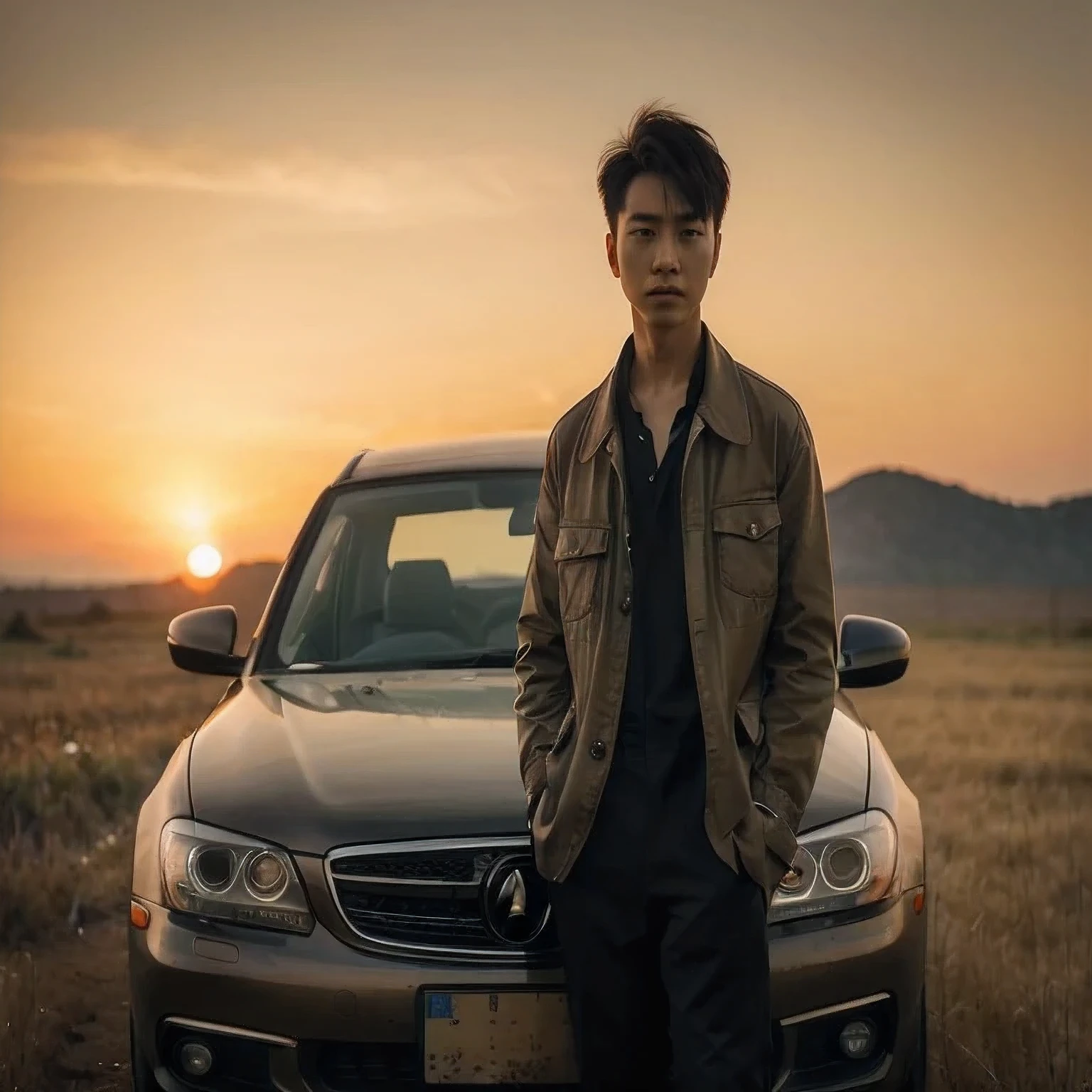 (backshoot photography), (beautiful horizon), (sunset mood), (low sunset), a Korean man with neat undercut hair(,) standing next to a car(,) standing at the front of the car(,) in a field at sunset(,) standing in a barren field(,) looking at the camera(,) beautiful horizon(,) handsome pose(,) ultrawide angle camera(,) promotional photo