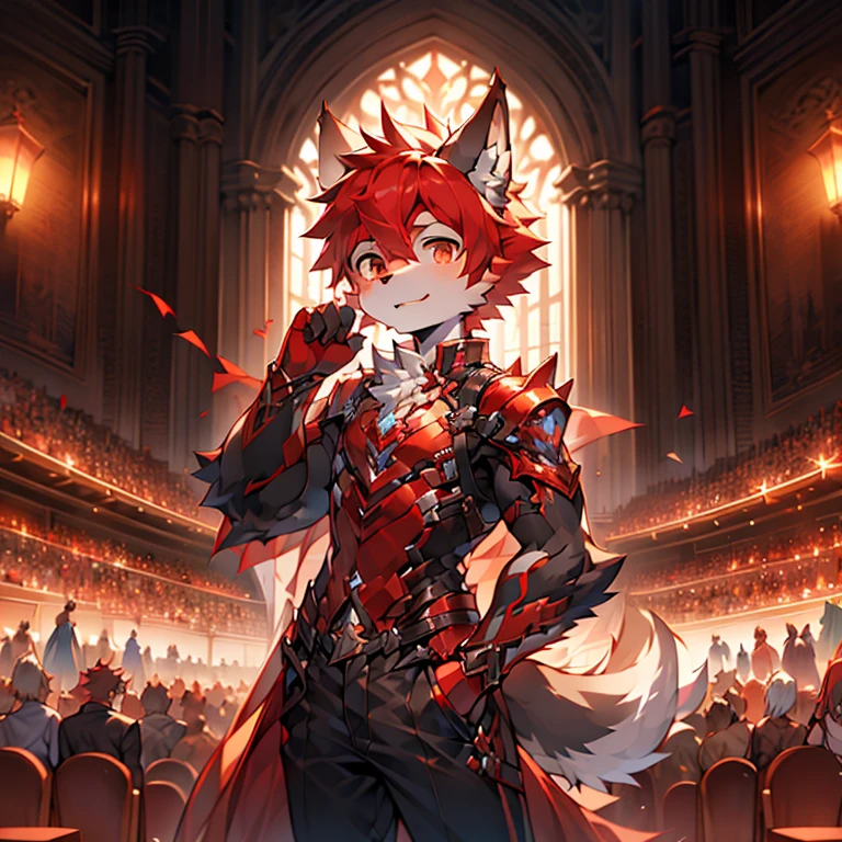 youth，Shota，red hair ，male， Masterpiece， high resolution，8K，Detailed background，high quality， boys，looking at the audience，perspective，View from the front，shorter pants，male焦点，Wolf&#39;s facial features. Holding a sword. Red mecha. 