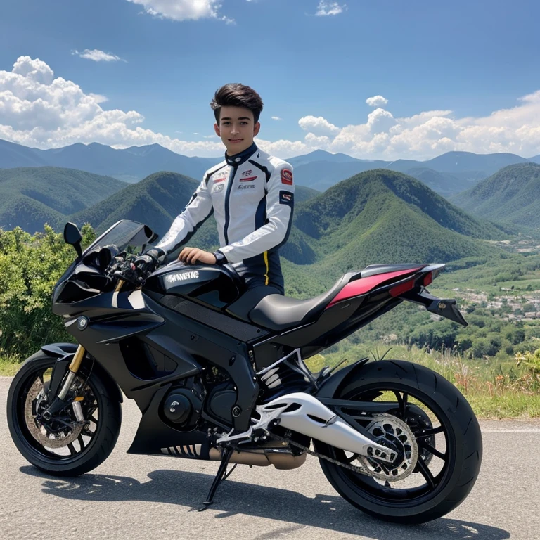 A handsome 20-year-old Malaysian man in sleek racing attire confidently straddles a sports ninja BMW motorcycle amidst the breathtaking landscape of beautiful mountains. The sun illuminates his fair complexion, making his features stand out sharply against the backdrop of lush greenery and clear blue skies. The motorcycle, with its powerful presence, adds an extra touch of allure to his sexy pose, making for an unforgettable 8K wallpaper scene.