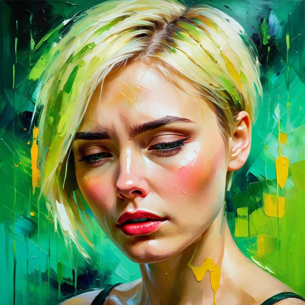 A tearful woman with a green background, blonde short hair, bright colors, colorful brushstrokes, oil painting style, expressive, abstract, high-level, full of emotions, mysterious lighting, dramatic, and deep sadness.