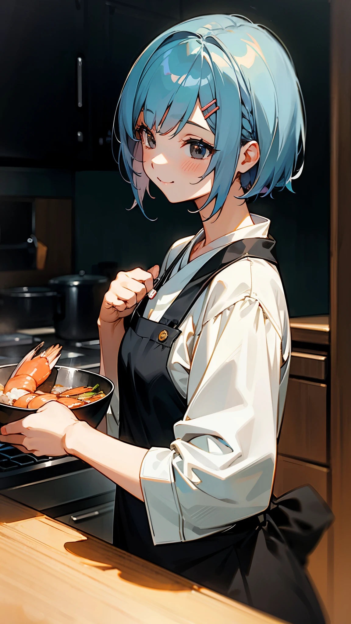 1 girl、anime painting、Cute woman cooking delicious food in the kitchen、shrimp、Beautiful brown and jet black eyes、Light blue hair、bob hairstyle、Orange hair clip、From the side、smile、upper body close-up、sharp outline