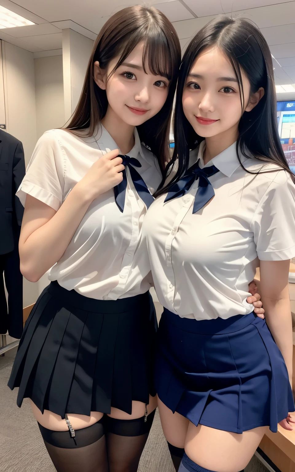 big breasts、I can see my underwear、Pose with butt sticking out、Naughty temptation、pose of temptation、sexy pose、erotic thighs、high angle shot、center view、Standing in the neon city at midnight、white short sleeve shirt、Two arafe Asian women wearing satin shimmy、Upper grade:1.2、look of temptation:1.3、Medium chest、chest bulge、amazingly cute girl、japanese girl、Wearing a lace slip shimmy、surreal 、surreal 、 temporarily stop、Full body Esbian、nice skin、glowing skin、nice thighs、Glowing thick knee socks、Japanese high school 、Nogizaka Idol、(Japanese high schoolの)、please invite me inside、Inviting Eyes、white blouse、dark blue skirt、black stockings