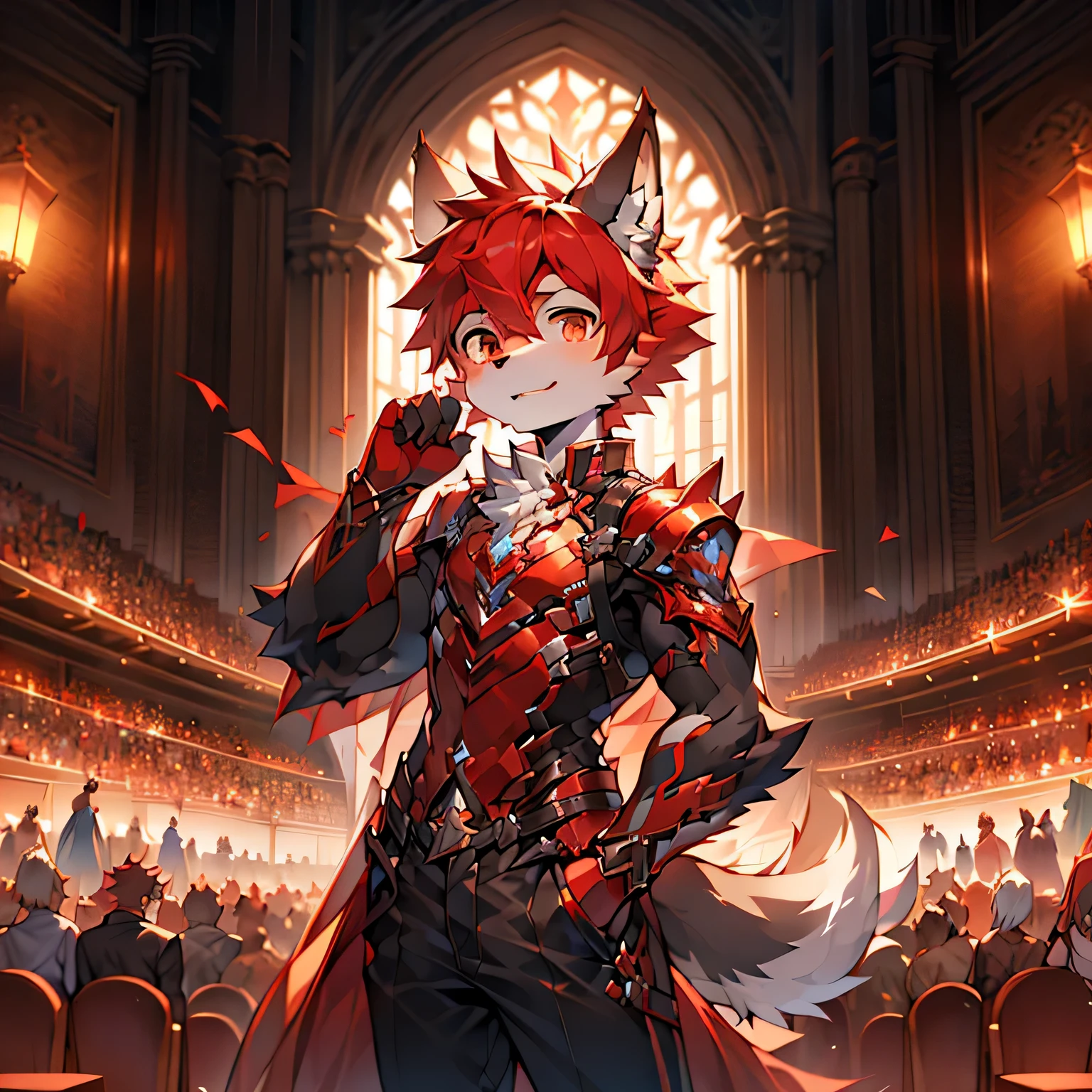 youth,Shota,red hair ,male, Masterpiece, high resolution,8K,Detailed background,high quality, boys,looking at the audience,perspective,View from the front,shorter pants,Male Focus,Wolf's facial features. Holding a sword. Red mecha.