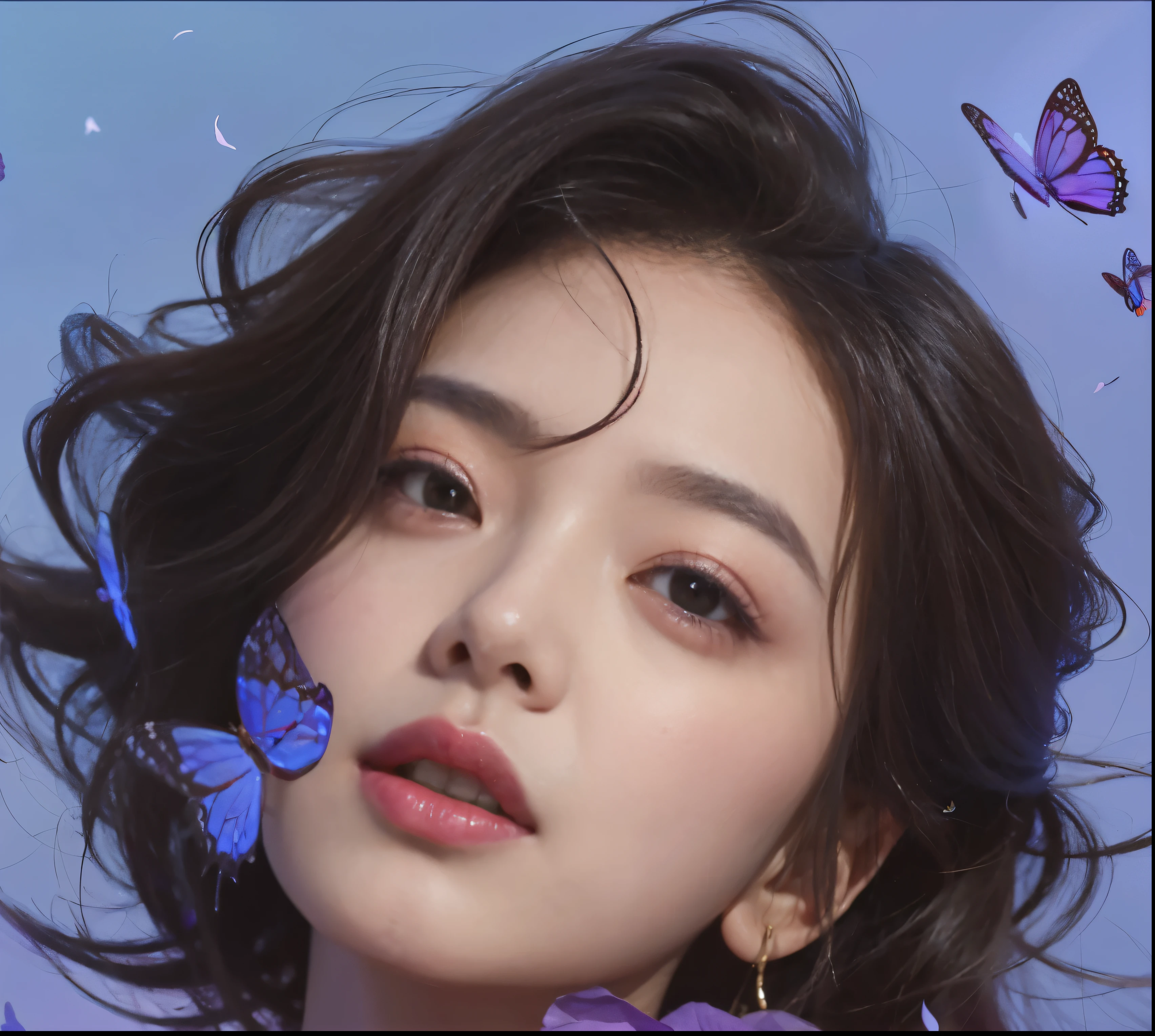 araffes A woman with purple butterflies in her hair, inspired by Yanjun Cheng, guweiz style artwork, author：Russell Dongjun Lu, author：Li Song, Beautiful digital illustration, inspired author：Russell Dongjun Lu, author：Yang Jie, actual. cheng yi, by Yanjun Cheng, yanjun chengt, [ 4k digital art ]!!