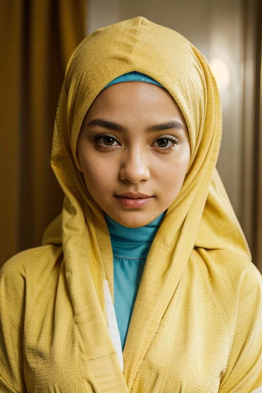 1 malay girl pregnant 9 month modern plain hijab, shy, full portrait shot , watery eyes , big eyes, yellow glowing particles, wearing baju kebaya pastel light, (( medium breast)), light bokeh background, proportional body,