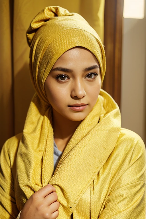 Modest girl wearing yellow blazer and golden towel on her head as hijab