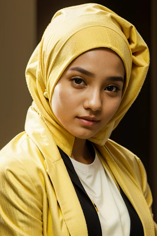 Modest girl wearing yellow blazer and golden towel on her head as hijab