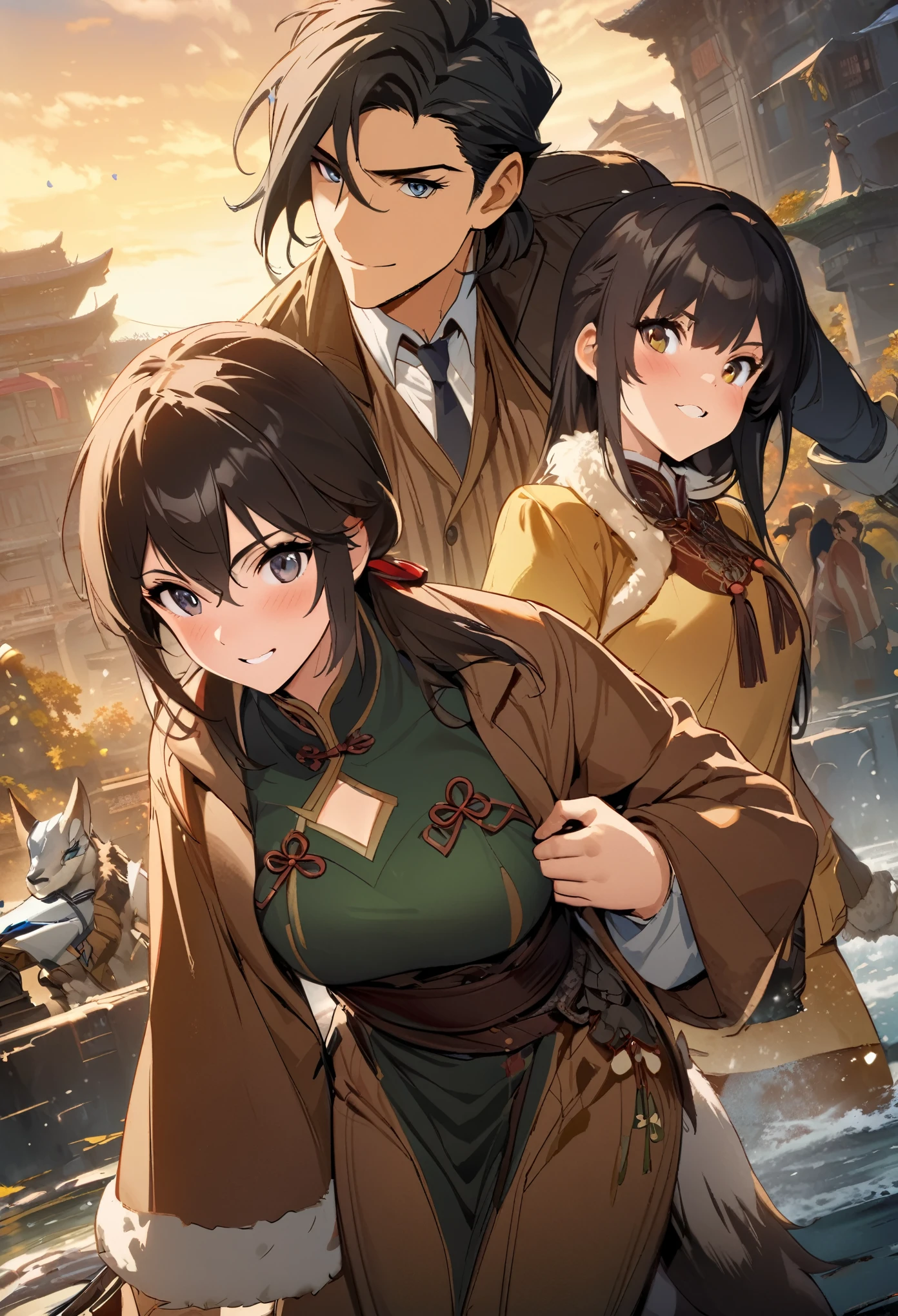 movie poster, movie artwork, concept art of battle, romance novel cover, highres, top quality, best quality, perfect artwork, absurdres, perfect anatomy(couple, young 1male detective, 1woman in Chinese dress)(furry, kemono, anthro)with some elements of 007,