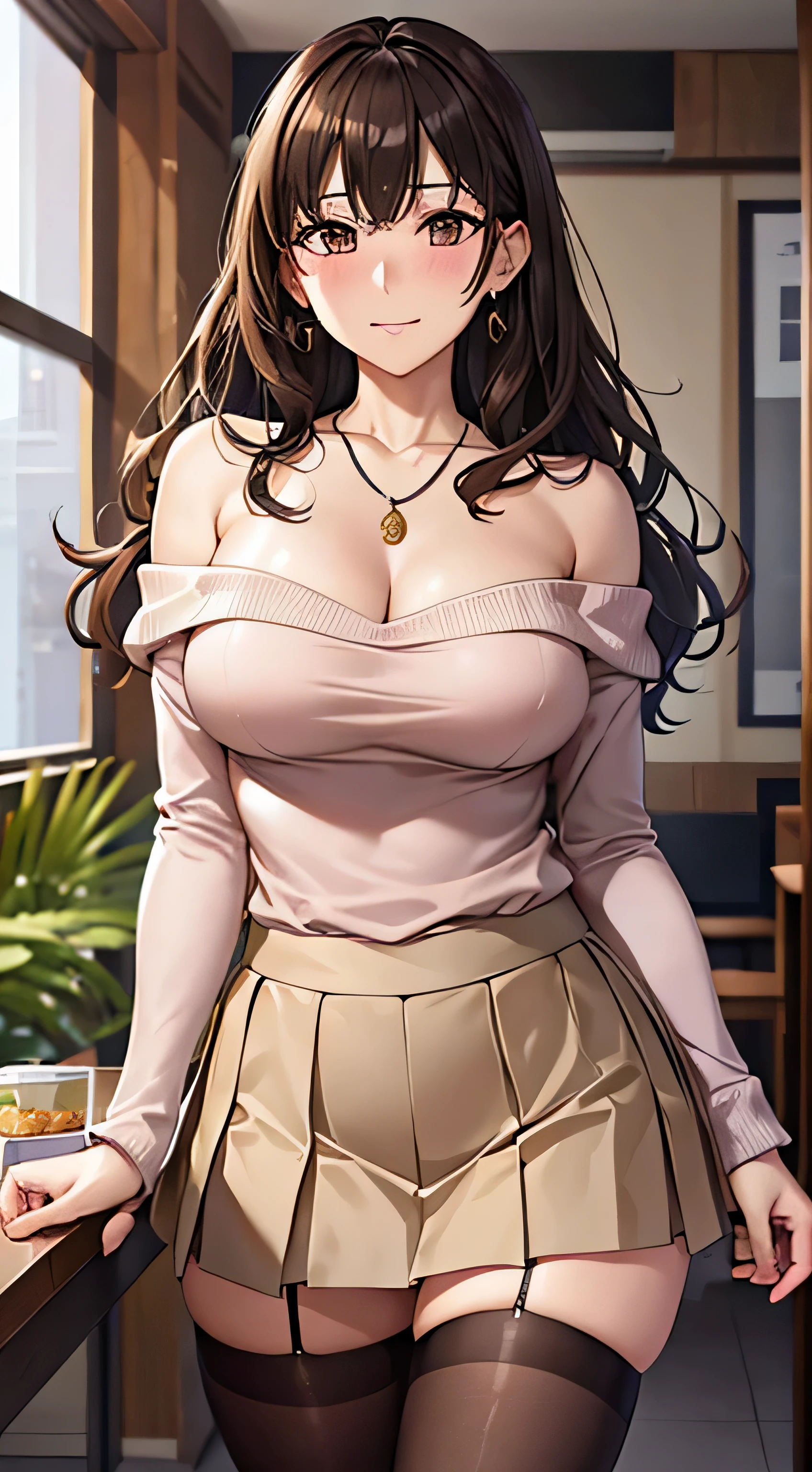 (table top, highest quality, High resolution, , perfect pixel, 4k,), 1 girl, single, alone, Beautiful woman、I could see the whole body、 ((Wavy mid-hair, bangs, brown hair)), ((brown eyes, beautiful eyelashes, realistic eyes)), ((detailed face, blush:1.2)), ((smooth texture:0.75, realistic texture:0.65, realistic:1.1, Anime CG style)), medium breasts, dynamic angle, perfect body, ((, female teacher, , earrings、necklace、beige off shoulder sweater、Long pleated skirt、black knee high stockings、pink lace panties、shy smile、Lift up your skirt and show your panties)), Upper 、、、evening、、Bring your arms together to emphasize your chest、Hold the necklace between your chest、(、()、angle from below)、