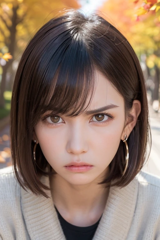 one girl, (a beauty girl, Delicate girl:1.3), (13 years old:1.3),
break, (Tree-lined avenue in autumn:1.2), (cardigan:1.2),
break, very fine resolution, (symmetrical eyes:1.3),
break, small breasts, brown eyes, parted bangs, brown hair, girl,
break, (Eye and face details:1.0), (get closer to the face, zoom in on the face, face focus:1.0),
break, (masterpiece, highest quality, super detailed, detailed face, 8K)、From above、earrings、hair blowing in the wind、blush your cheeks、((angry look:1.4))、wrinkles between the eyebrows、high angle、super realistic photos、Ginkgo leaves on my head