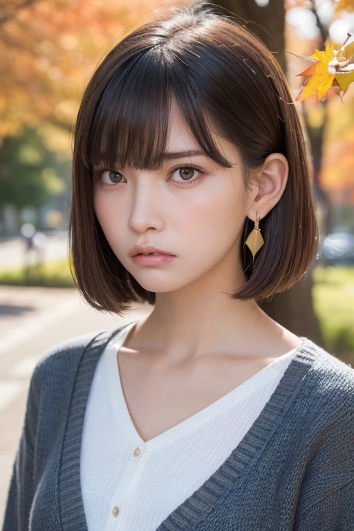 one girl, (a beauty girl, Delicate girl:1.3), (13 years old:1.3),
break, (Tree-lined avenue in autumn:1.2), (cardigan:1.2),
break, very fine resolution, (symmetrical eyes:1.3),
break, small breasts, brown eyes, parted bangs, brown hair, girl,
break, (Eye and face details:1.0), (get closer to the face, zoom in on the face, face focus:1.0),
break, (masterpiece, highest quality, super detailed, detailed face, 8K)、From above、earrings、hair blowing in the wind、blush your cheeks、((angry look:1.4))、wrinkles between the eyebrows、high angle、super realistic photos、Ginkgo leaves on my head