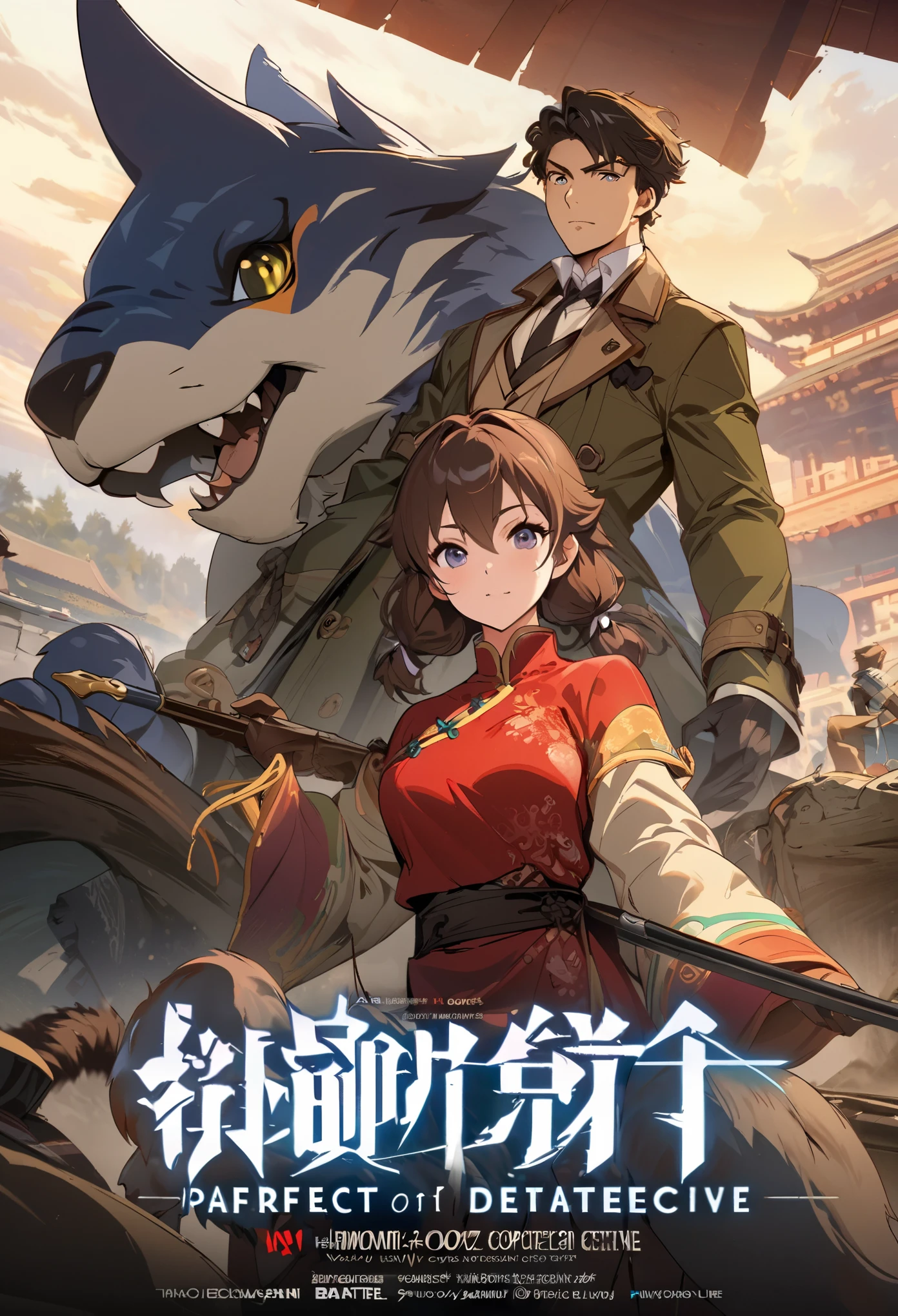 movie poster, movie artwork, concept art of battle, romance novel cover, highres, top quality, best quality, perfect artwork, absurdres, perfect anatomy(couple, young 1male detective, 1woman in Chinese dress)(furry, kemono, anthro)with some elements of 007,