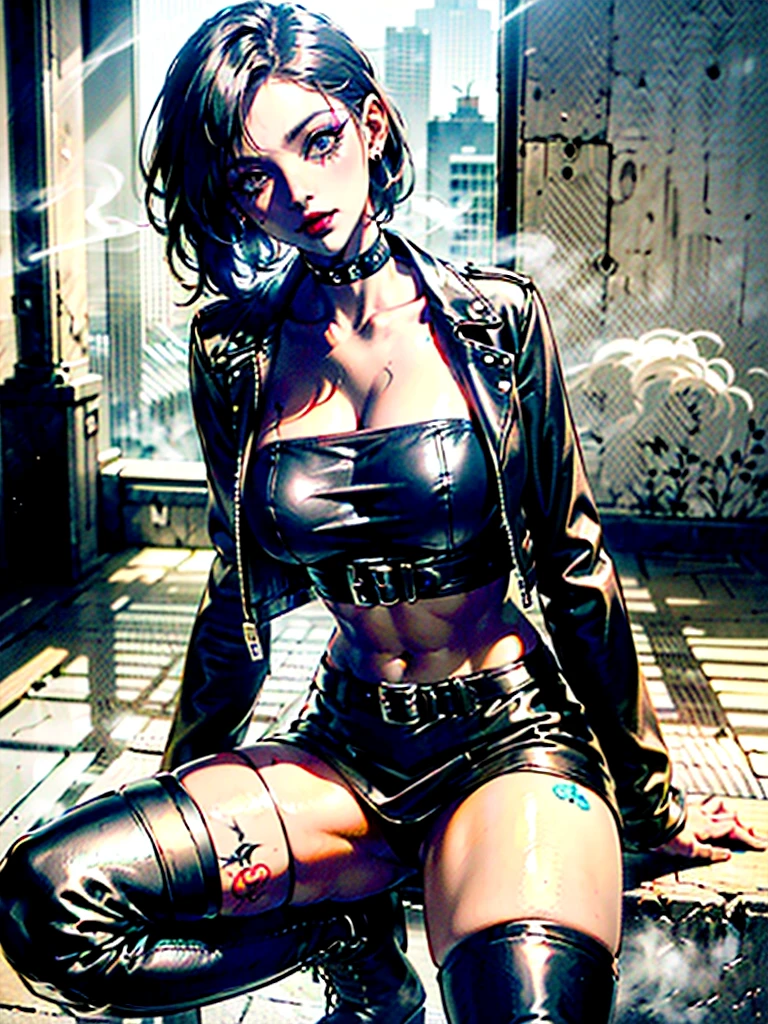 POV expansive 1 girl as gothgirl , ((thin)), perfect face, ((black hair)), sexy look and lips between open, ((full body)) corset, black leather boots,  with details ((gold)), ((Action pose)), by Kaethe Butcher, Jon Klassen, Gil Elvgren, Bill Plympton, Kate Beaton, Enoch Bolles, Rolf Armstrong,  Winsor McCay, jean james, moebius, official art, unity 8k wallpaper, ultra detailed, beautiful and aesthetic, masterpiece, best quality, (dynamic angle: 1.4), glossy leather, (floating colored glow: 1) the most beautiful form of chaos, flowerpunk, elegant, a brutalist design, vivid colors, romanticism, ultra wide angle