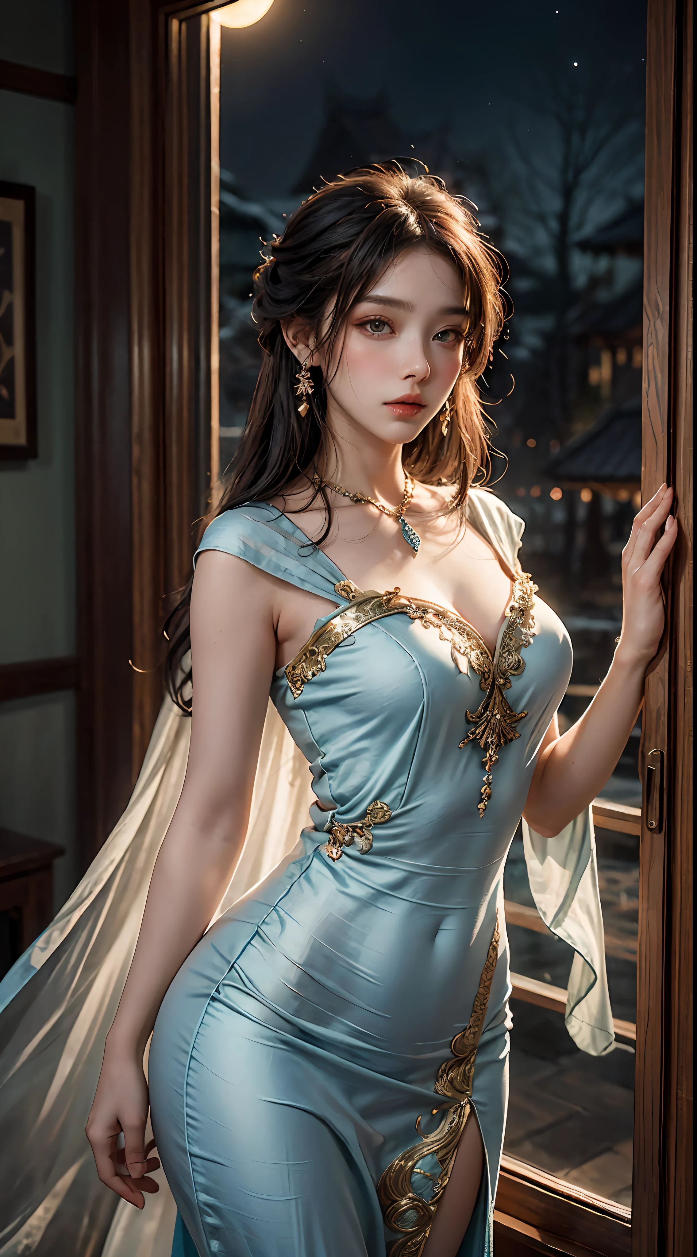 An artistic portrayal of an enchanting woman dressed in a flowing, silky traditional oriental gown, adorned with intricate patterns and vibrant colors. Her dress elegantly drapes around her curvaceous figure, emphasizing her alluring silhouette. She stands gracefully in a serene lunar night, bathed in the soft glow of the moonlight. The scene exudes an ethereal and dreamlike atmosphere, with a hint of mystery and sensuality. The image style embraces a blend of watercolor and digital illustration techniques, evoking a sense of delicate beauty and allure. Lighting is imbued with soft moon rays, casting gentle highlights and shadows on her captivating features.