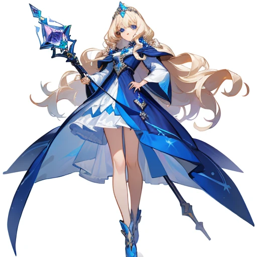 tmasterpiece, high detal, full bodyesbian, An adult female, magestic, Long platinum blonde curly hair, blue color eyes, beauitful face, Long blue dress, White sleeves, Small cape, Booties, Metal pendants, Gemstone tiara, Take the staff, looking at viewert, stand posture, Serious, tachi-e, 4K, (((white background))),
