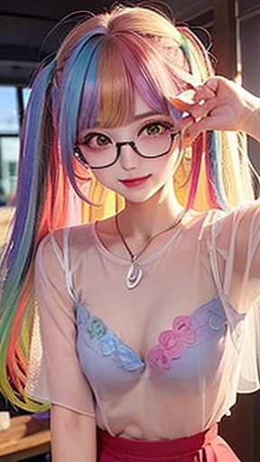 small face、 (alone:1.5,)Super detailed,bright colors, very beautiful detailed anime face and eyes, look straight,  shiny_skin,girl, (((rainbow colored hair, colorful hair, Half red、Half golden hair: 1.2))), 、shiny hair, delicate beautiful face, blush、Glasses、(turquoise eyes), , Valletta, earrings,、flower garden、sunset、(（(See-through、sexy、leotard、Lace mini skirt,Translucent shirt)))、（twin tails）、smile、happy face、face dyed red、cheerful pose、dynamic、