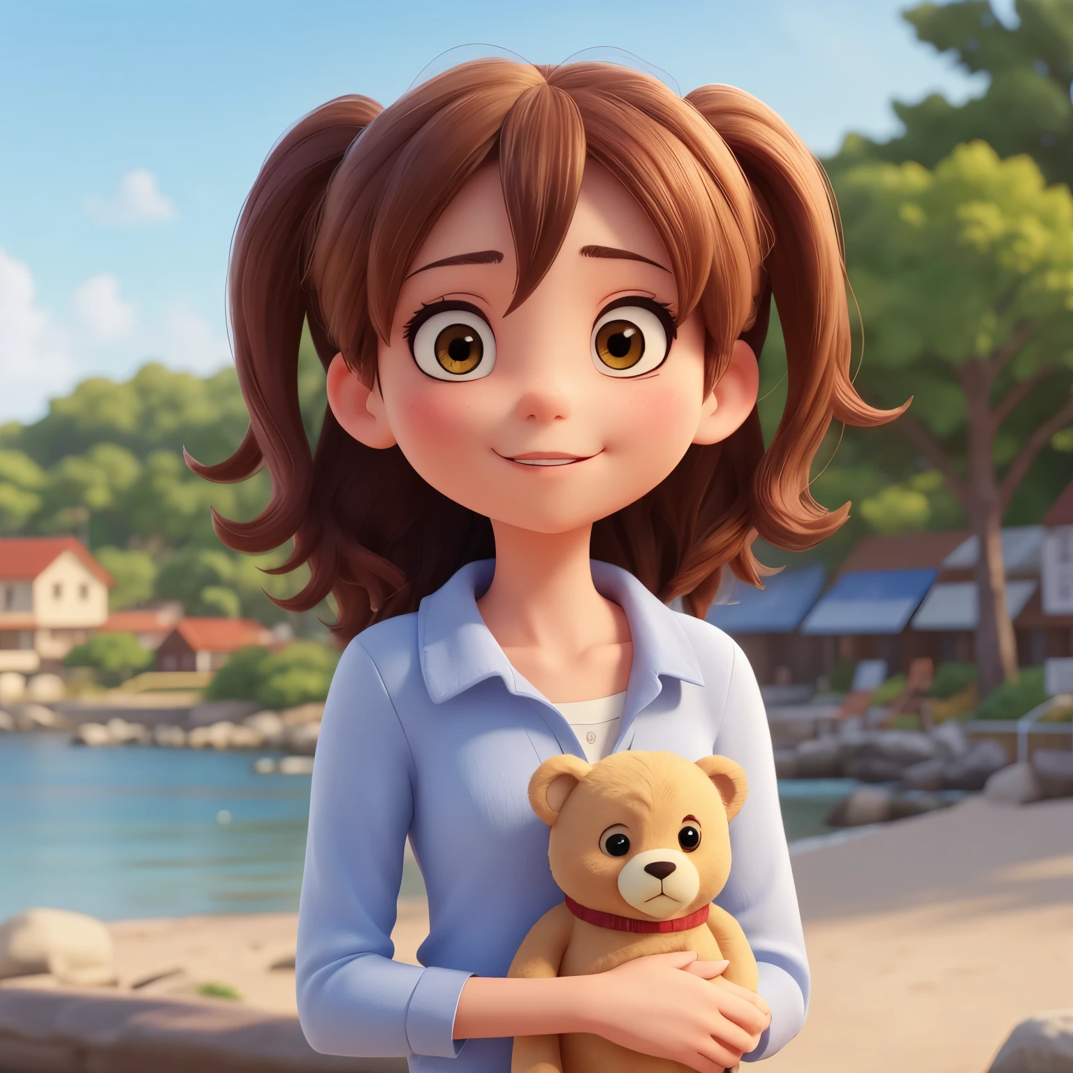 There is a woman holding a teddy bear on the beach, cute realistic portrait, cute anime girl, Cute girl anime visual, Smooth anime CG art, Gwaites style artwork, portrait of cute anime girl, Cute Portrait, beautiful anime portrait, beautiful anime girl, cute anime girl portrait, Realistic anime 3d style