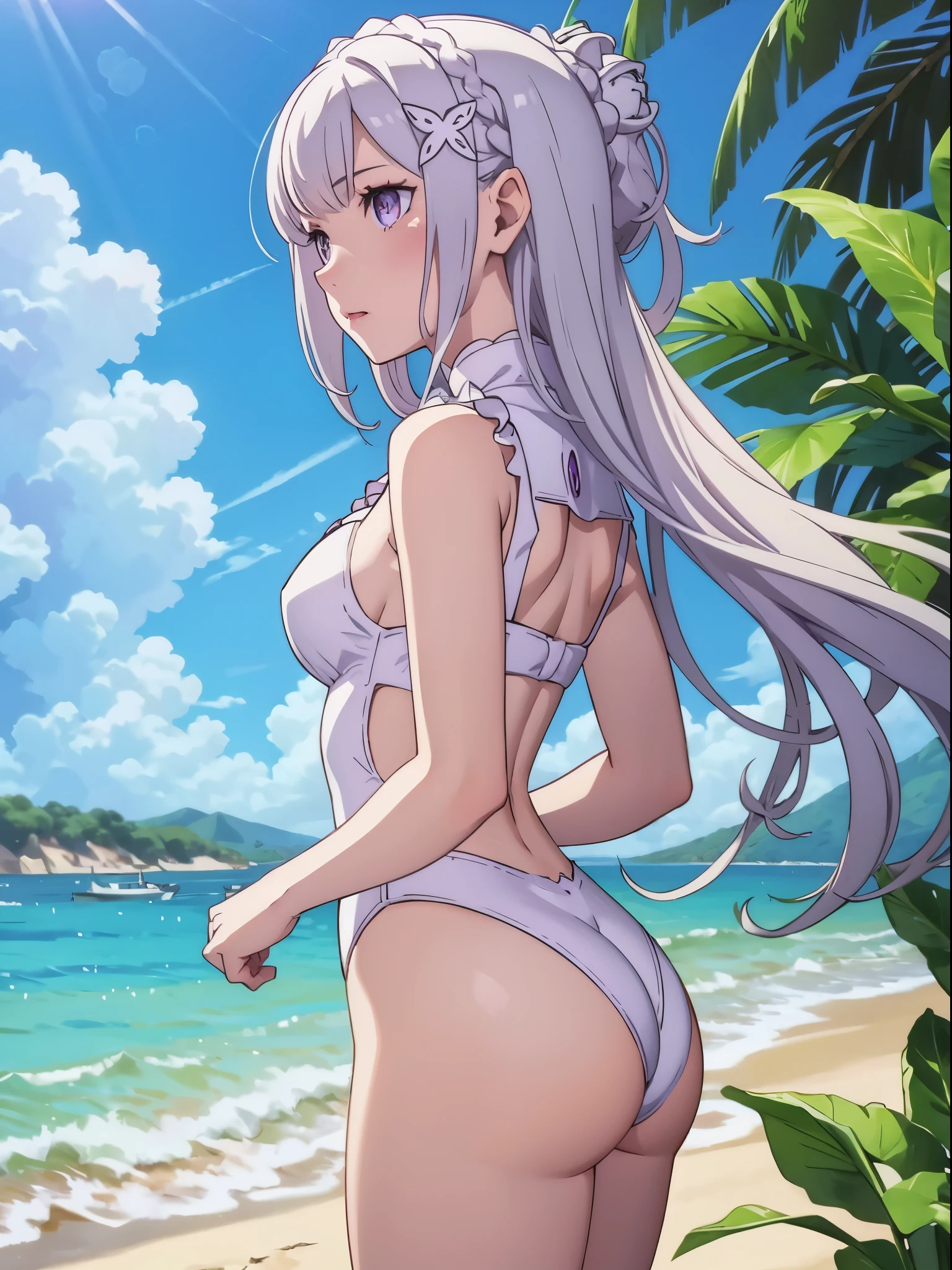 Emilia re:zero, purple eyes, Emilia, crown braid, x hair ornament, flower hair ornament, white hair, long hair, medium breasts, with a beautiful landscape behind, 4k, ((best resolution)), ((melhor qualidade)).