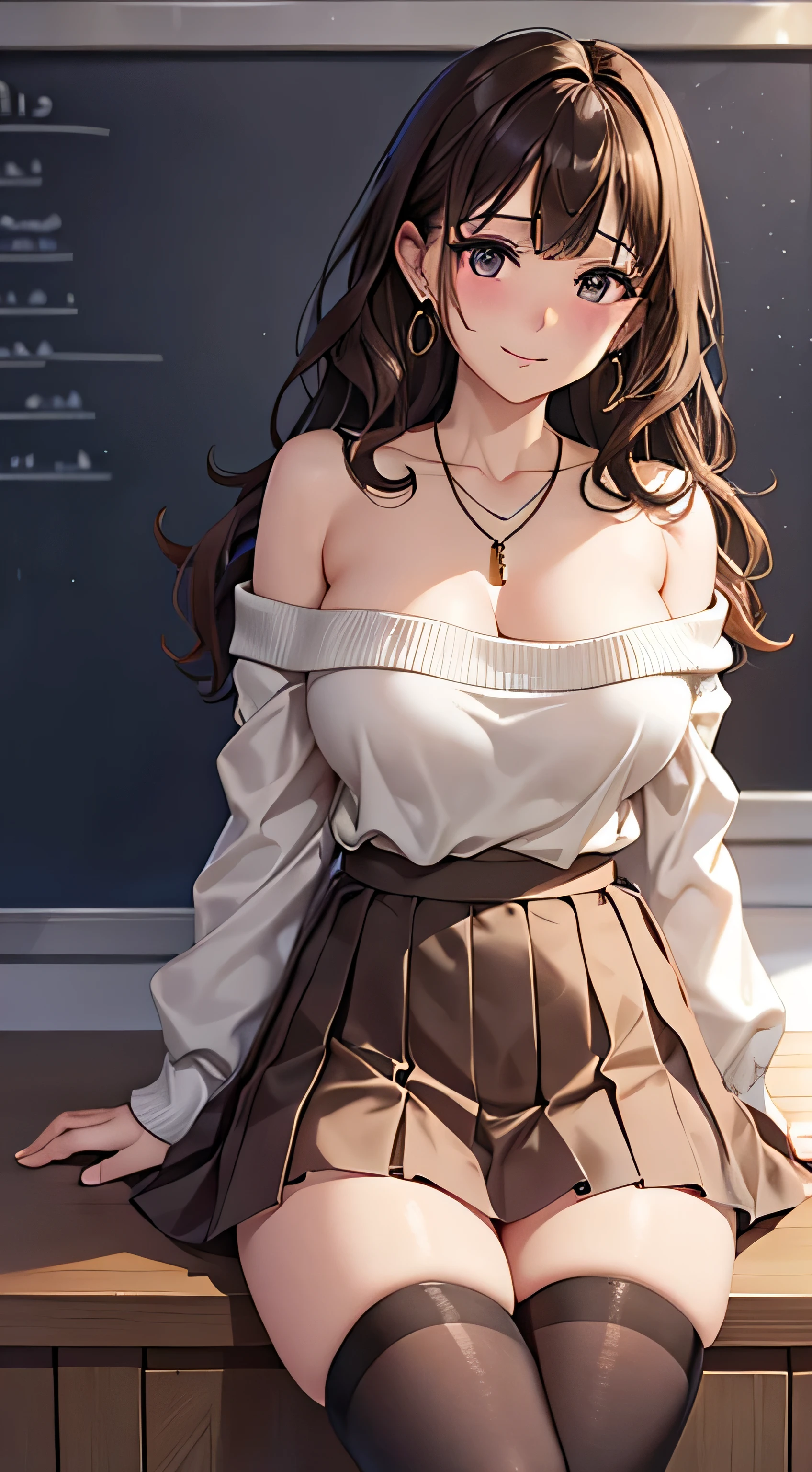 (table top, highest quality, High resolution, , perfect pixel, 4k,), 1 girl, single, alone, Beautiful woman、I could see the whole body、 ((Wavy mid-hair, bangs, brown hair)), ((brown eyes, beautiful eyelashes, realistic eyes)), ((detailed face, blush:1.2)), ((smooth texture:0.75, realistic texture:0.65, realistic:1.1, Anime CG style)), medium , dynamic angle, perfect body, ((, female teacher, , earrings、necklace、beige off shoulder sweater、Long pleated skirt、black knee high stockings、pink lace pantiesile、Lift up your skirt and show your panties)), Uppe、、、evening、、Bring your arms together to emphasize your chest、Hold the necklace between your chest、(、()、angle from below)、