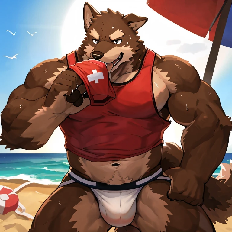 POV,top angle,sleep on stomach,lats,trapezius,butt lift,kemono, anthro (brown dog), male, (brown dog), muscular, back, red body, white belly ,sweat, ((correct anatomy)), sit on chair, beach, perfect beach background, 1 boy, solo, wearing jockstrap, pain expression, canine tooth, hd, dark shadows, wide dynamic range, hdr, low light:1.2, front view, full body, canid, canine, canis, domesticbrown dog mammal, nordic sled brown dog, fullbody, full res, smile, lifeguard, wearing Tank top, underwear sniffing, open mouth,tongue out,drooling