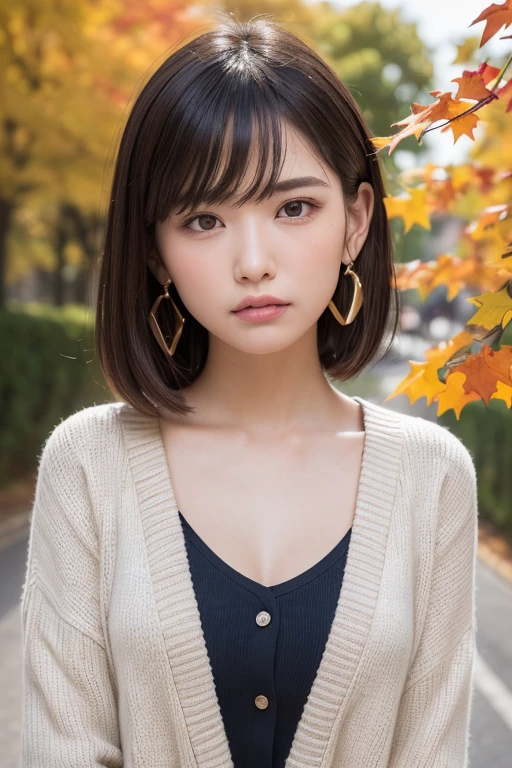 one girl, (a beauty girl, Delicate girl:1.3), (13 years old:1.3),
break, (Tree-lined avenue in autumn:1.2), (cardigan:1.2),
break, very fine resolution, (symmetrical eyes:1.3),
break, small breasts, brown eyes, parted bangs, brown hair, girl,
break, (Eye and face details:1.0), (get closer to the face, zoom in on the face, face focus:1.0),
break, (masterpiece, highest quality, super detailed, detailed face, 8K)、From above、earrings、hair blowing in the wind、blush your cheeks、((angry look:1.4))、wrinkles between the eyebrows、Biting your lower lip、high angle、super realistic photos、Ginkgo leaves on my head