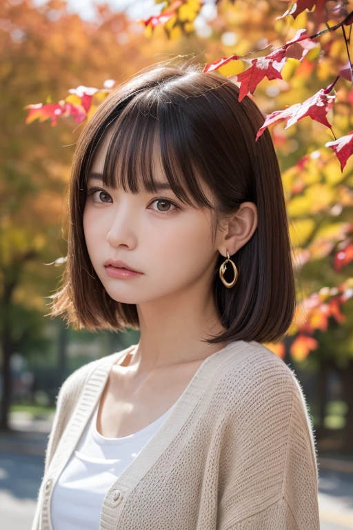 one girl, (a beauty girl, Delicate girl:1.3), (13 years old:1.3),
break, (Tree-lined avenue in autumn:1.2), (cardigan:1.2),
break, very fine resolution, (symmetrical eyes:1.3),
break, small breasts, brown eyes, parted bangs, brown hair,  girl,
break, (Eye and face details:1.0), (get closer to the face, zoom in on the face, face focus:1.0),
break, (masterpiece, highest quality, super detailed, detailed face, 8K)、From above、earrings、hair blowing in the wind、blush your cheeks、((angry look:1.4))、wrinkles between the eyebrows、Biting your lower lip、high angle、super realistic photos、Ginkgo leaves on my head