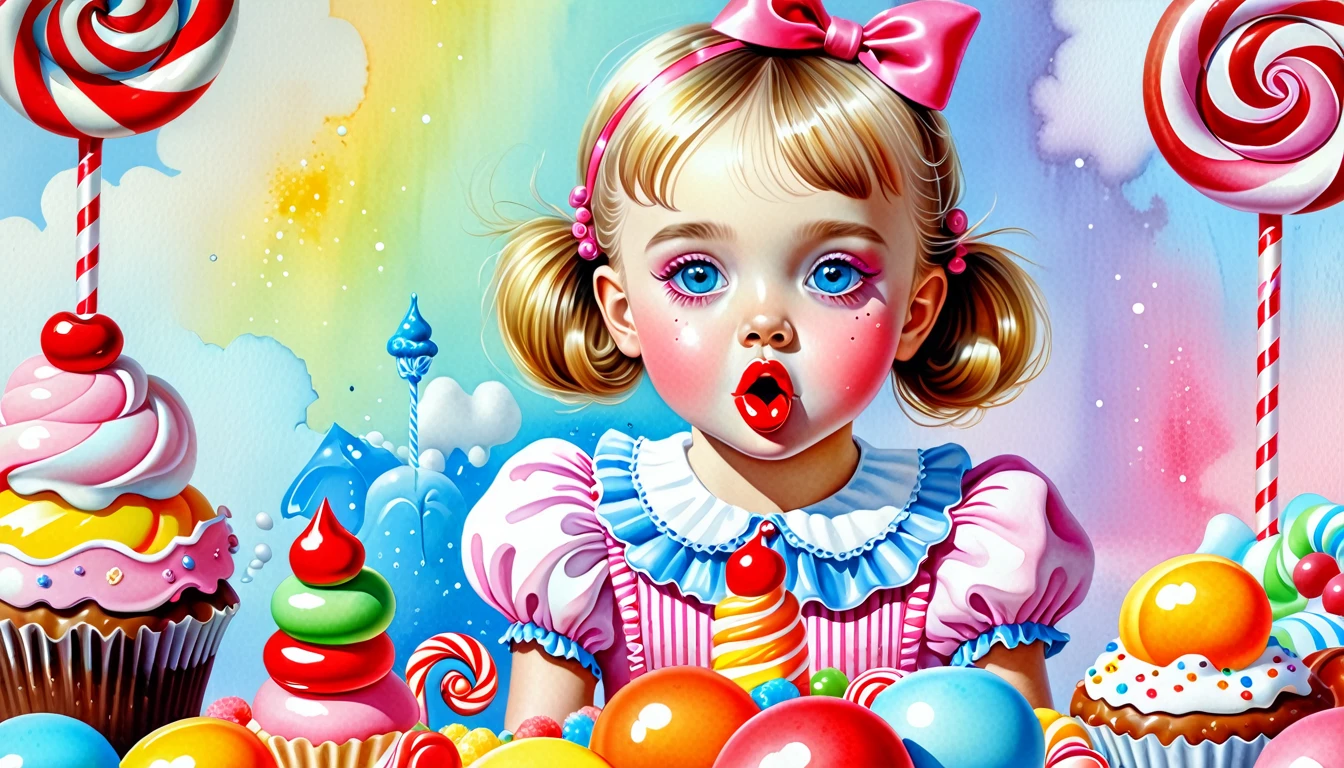 ( girl, candy eating, around sweets, Candyland) ((Ekaterina Babok + greg-simkins style)), pop surrealism, magic naive art, primitivism, watercolor juice colorfull, 
, ((best quality, Masterpiece)), ((Highest detail)), RAW:1,1, 8k