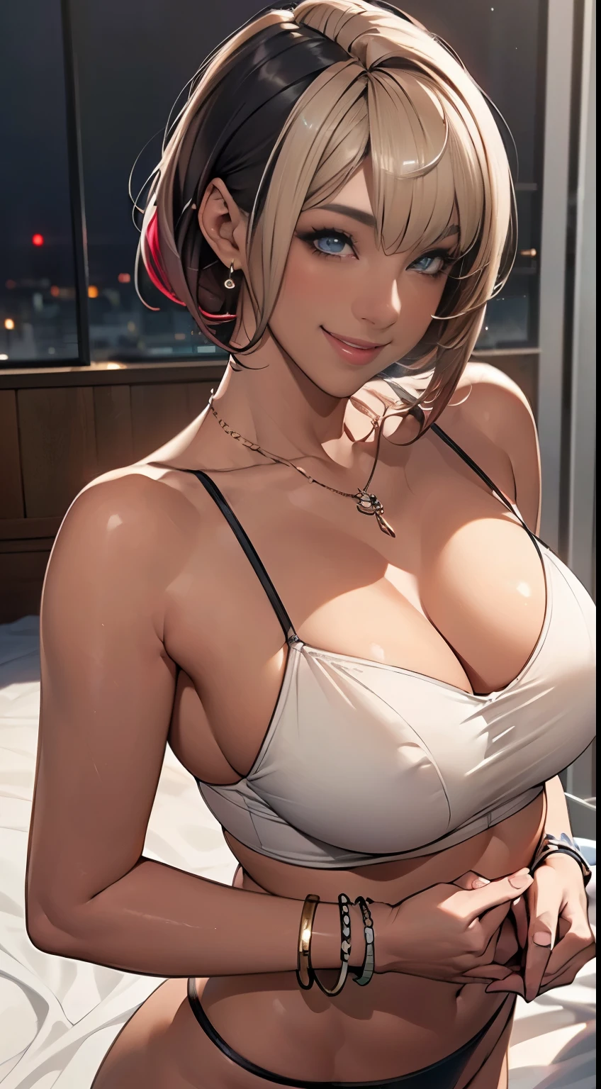 (High resolution:1.5),(Super realistic:1.5),(skin texture:1.5),(dark skin:2.25),(light blue eyes:1.05),(See here:1.3),(Horny blonde gal studying:1.8),(Obscene camisole revealing the chest:1.35),(Smile obscenely:2.4),beautiful breasts、constricted waist,(beautiful makeup:1.3)、(pink cheeks:1.15),(eyeliner、eye shadow,(false eyelashes)、(Beautiful crimson lips:1.1),(Shiny hair texture:1.6),(Asymmetrical buzz cut hairstyle with random bangs:1.25),、Awkward panties、necklace around neck、wrist bracelet、(earrings:1.05),