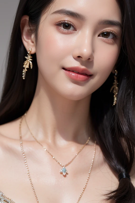 1 beautiful girl with beautiful details, 20s, brown black hair, realistic skin, , extremely detailed eyes and face, blushing, ashamed, smile, earings, chain necklace, super detailed clothes, focus on her clothes. Masterpieces, super top quality, super realistic, unity, 8K wallpaper, official art, high resolution, ultra detailed,amazing cinematic lighting,