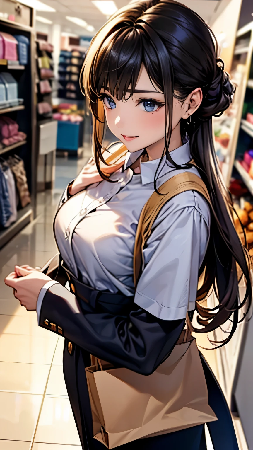 This strange sight、beginning、Beautiful landscapes drawn in ultra-high resolution。that&#39;It&#39;s like a realistic painting、Capture every detail with 8K resolution。The scene is filled with HDR glow and cinematic lighting..、elevation angle、She has the charm of an adult、standing in a natural pose、((Department store employee:1.6、uniform))、intimacy、smile、Smart Hairstyles、Neat makeup、Service Spirit、Product knowledge、kind、polite language、quick response、Tidying up the store、sense of cleanliness、liability、customer service、soft、Teamwork