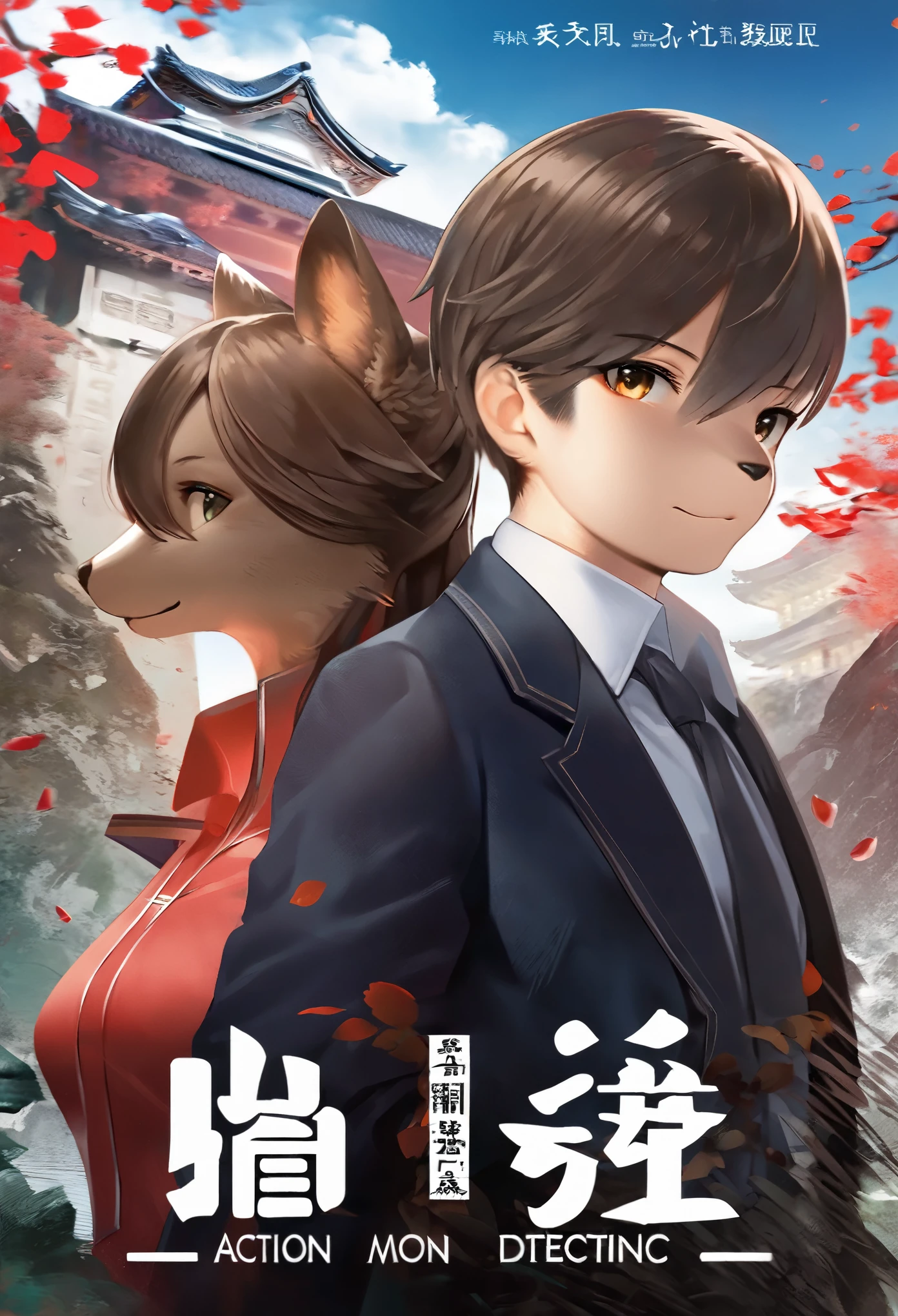 movie poster, movie artwork, concept art of action movie, romance novel cover, highres, top quality, best quality, perfect artwork, absurdres, perfect anatomy(couple, young 1male detective, 1woman in Chinese dress)(furry, kemono, anthro)with some elements of 007,