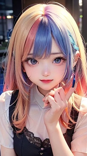 small face、 (alone:1.5,)Super detailed,bright colors, very beautiful detailed anime face and eyes, look straight, shiny_skin,girl, (((rainbow colored hair, colorful hair, Half red、Half golden hair: 1.2))), 、shiny hair, delicate beautiful face, blush、Glasses、(turquoise eyes), , Valletta, earrings,、flower garden、sunset、(((See-through、sexy、leotard、Lace mini skirt,Translucent shirt)))、(twin tails)、smile、happy face、face dyed red、cheerful pose、dynamic、
