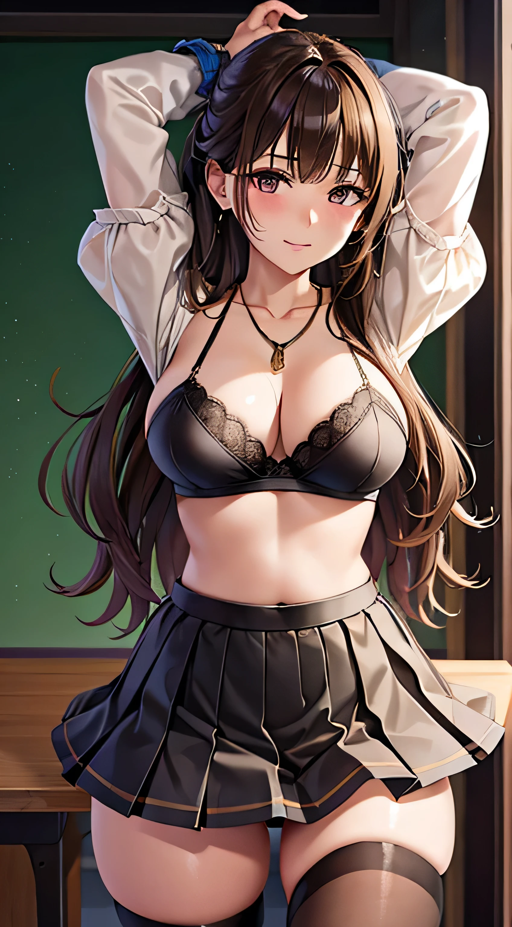 (table top, highest quality, High resolution, , perfect pixel, 4k,), 1 girl, single, alone, Beautiful woman、I could see the whole body、 ((Wavy mid-hair, bangs, brown hair)), ((brown eyes, beautiful eyelashes, realistic eyes)), ((detailed face, blush:1.2)), ((smooth texture:0.75, realistic texture:0.65, realistic:1.1, Anime CG style)), medium breasts, dynamic angle, perfect body, ((, female teacher, , earrings、necklace、beige off shoulder sweater、Long pleated skirt、black knee high stockings、pink lace panties、shy smile、Lift up your skirt and show your panties)), Upper grade、、、evening、、Bring your arms together to emphasize your chest、Hold the necklace between your chest、(、()、angle from below)、