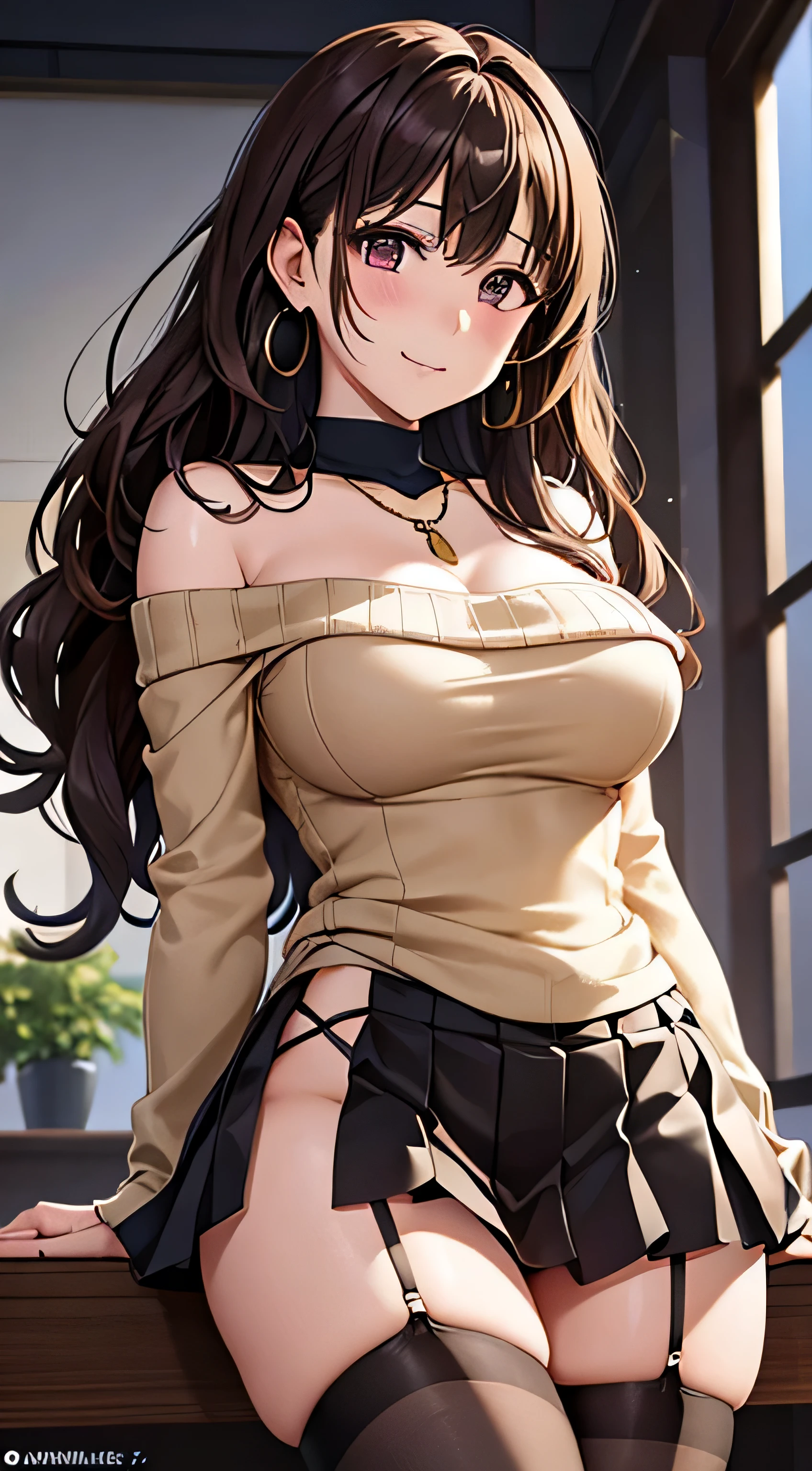 (table top, highest quality, High resolution, , perfect pixel, 4k,), 1 girl, single, alone, Beautiful woman、I could see the whole body、 ((Wavy mid-hair, bangs, brown hair)), ((brown eyes, beautiful eyelashes, realistic eyes)), ((detailed face, blush:1.2)), ((smooth texture:0.75, realistic texture:0.65, realistic:1.1, Anime CG style)), medium breasts, dynamic angle, perfect body, ((, female teacher, , earrings、necklace、beige off shoulder sweater、Long pleated skirt、black knee high stockings、pink lace panties、shy smile、Lift up your skirt and show your panties)), Upper grade、、、evening、、Bring your arms together to emphasize your chest、Hold the necklace between your chest、(、()、angle from below)、