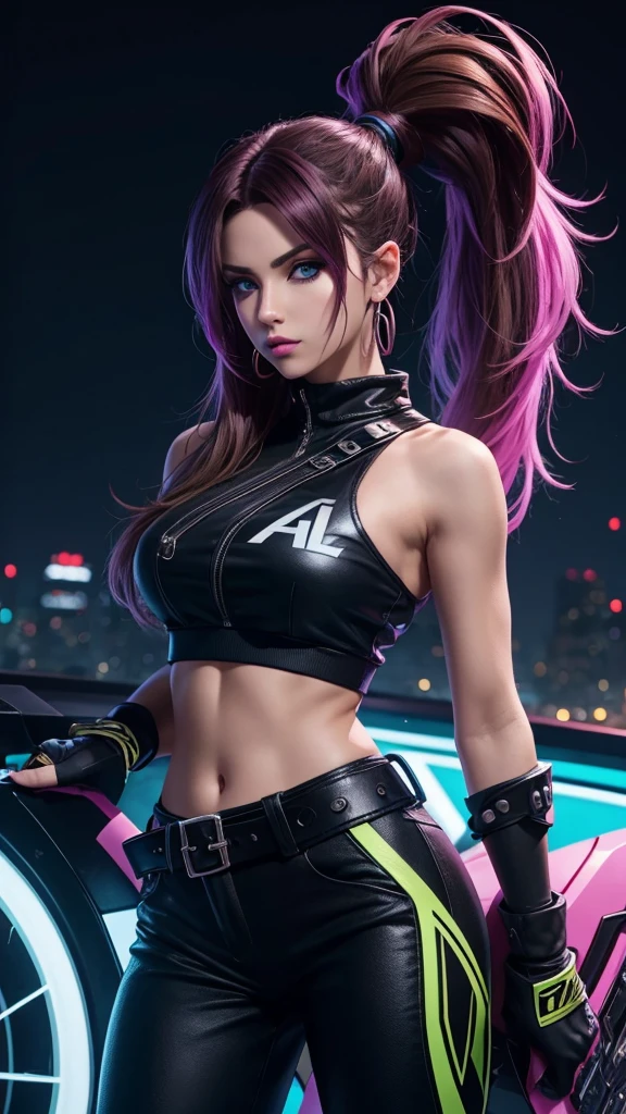 masterpiece, best quality, high detail, game character lora:kda_all_out_akali , akali, k/da \(league of legends\), from league of legends , solo, dark hair, blonde, multi haired color, accessories , fingerless gloves, crop top, midriff, earrings, two-tone hair, backless top, black gloves, black pants, crop top, blue eyes, buckle, ponytail, standing, night city background, neon light, 18k, high detail