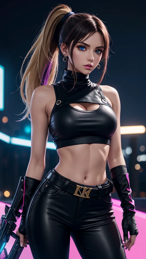 masterpiece, best quality, high detail, game character lora:kda_all_out_akali , akali, k/da \(league of legends\), from league of legends , solo, dark hair, blonde, multi haired color, accessories , fingerless gloves, crop top, midriff, earrings, two-tone hair, backless top, black gloves, black pants, crop top, blue eyes, buckle, ponytail, standing, night city background, neon light, 18k, high detail